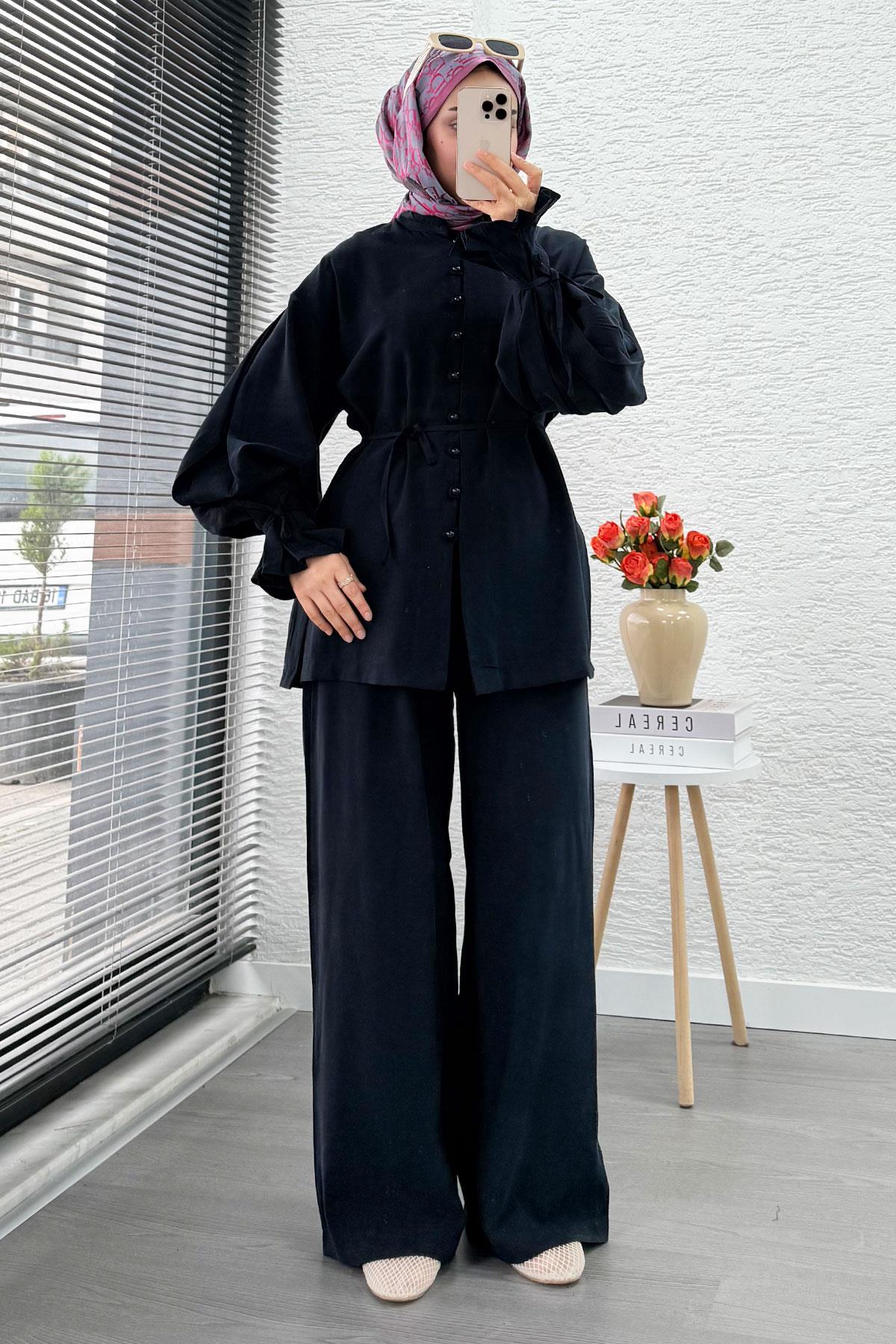 Kolu Pileli Önden Düğmeli Kadın İkili Takım - Lacivert