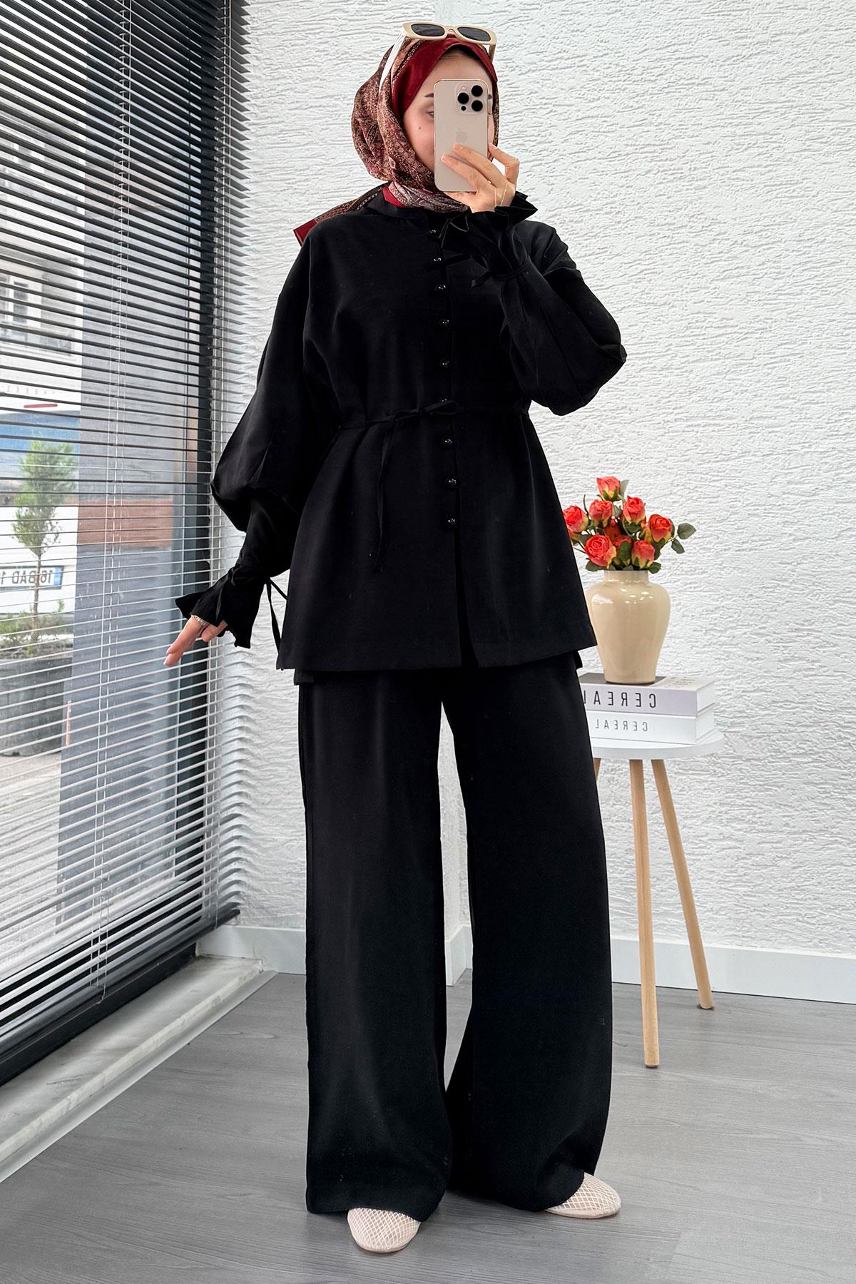 Kolu Pileli Önden Düğmeli Kadın İkili Takım - Siyah