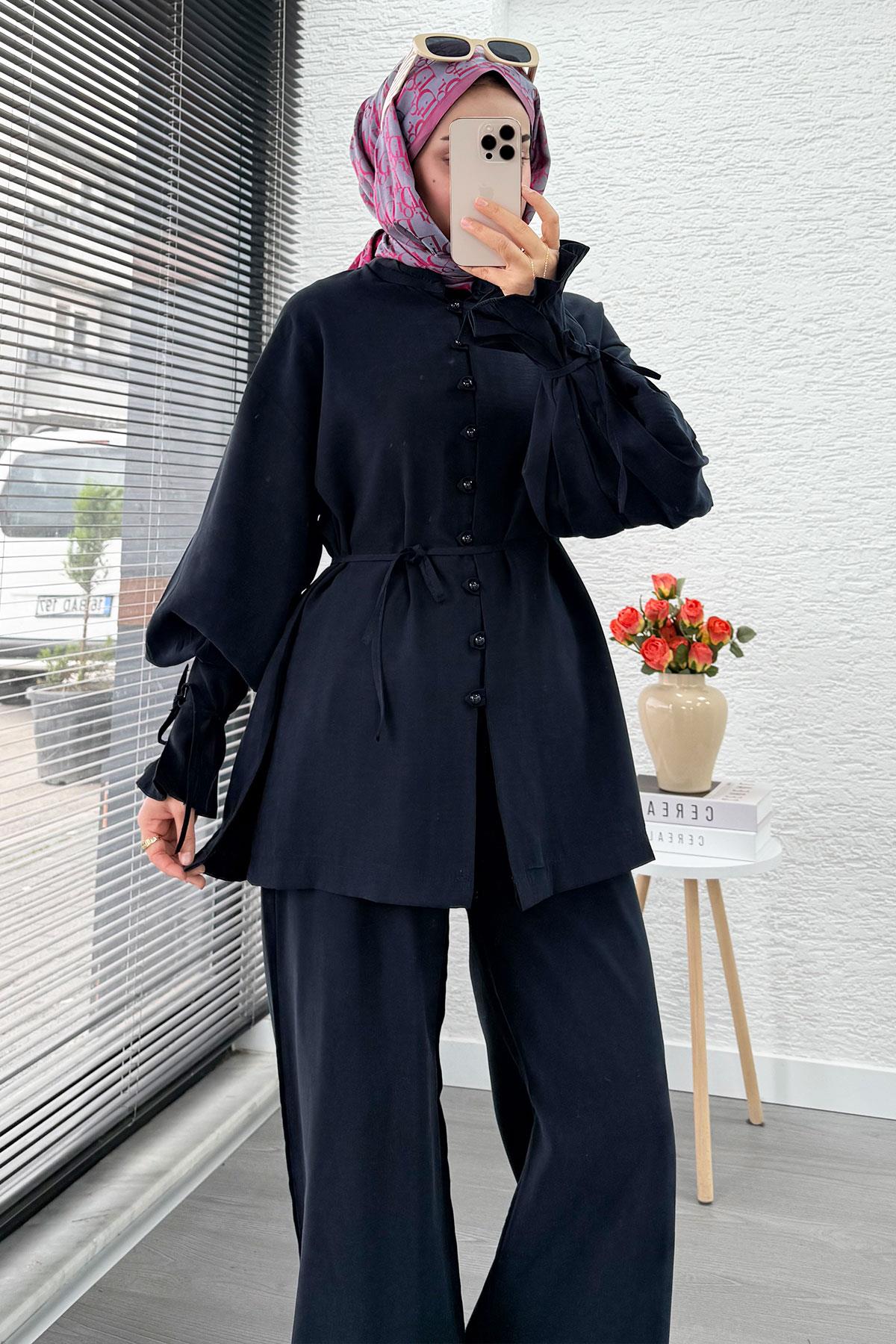 Kolu Pileli Önden Düğmeli Kadın İkili Takım - Lacivert