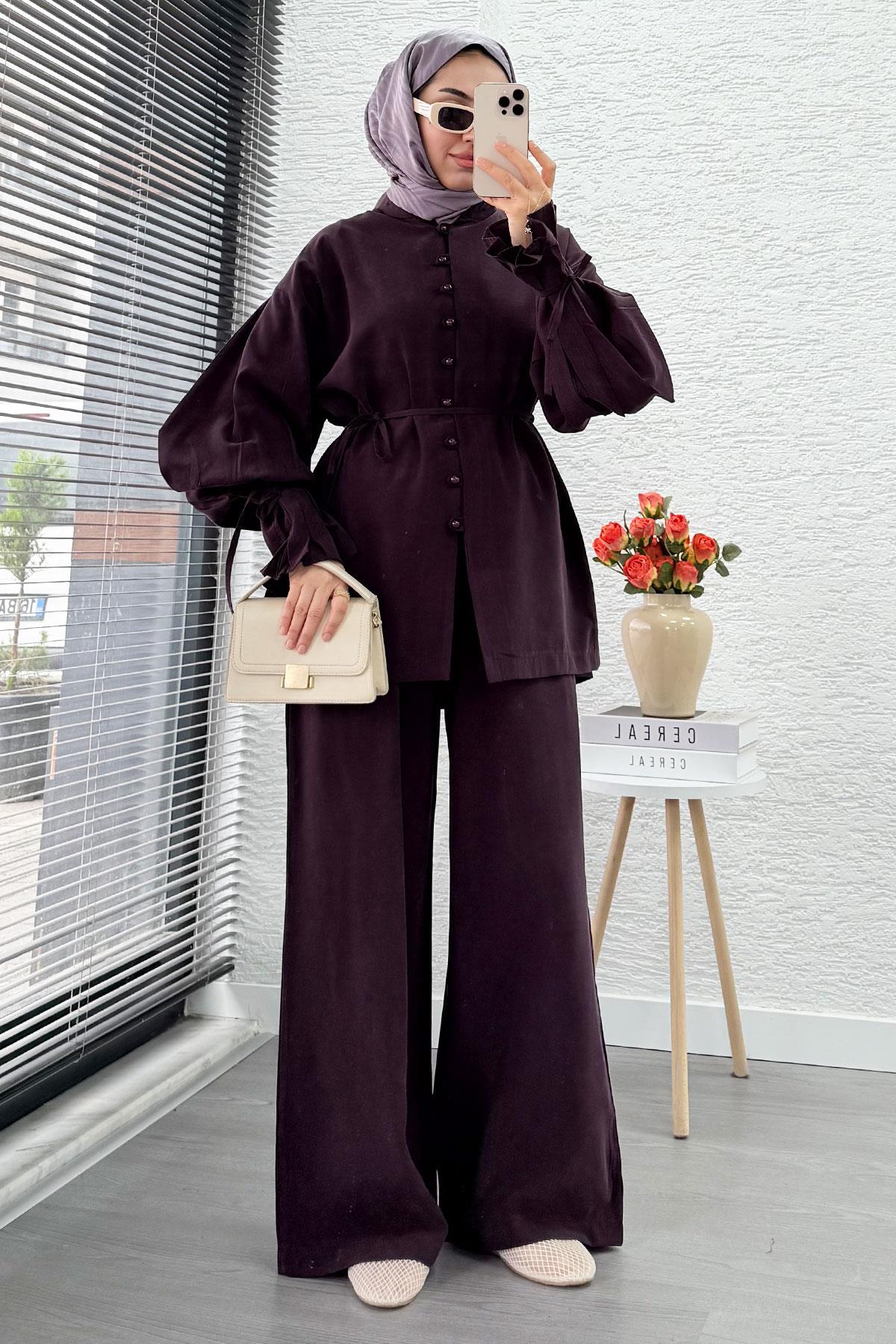 Kolu Pileli Önden Düğmeli Kadın İkili Takım - Mürdüm