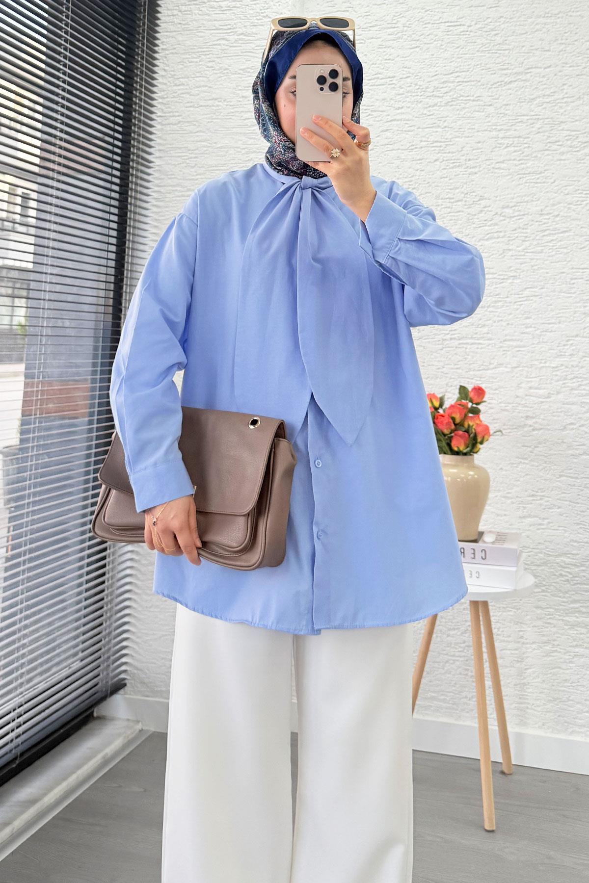 Kravat Yaka Oversize Kadın Gömlek Tunik – Mavi