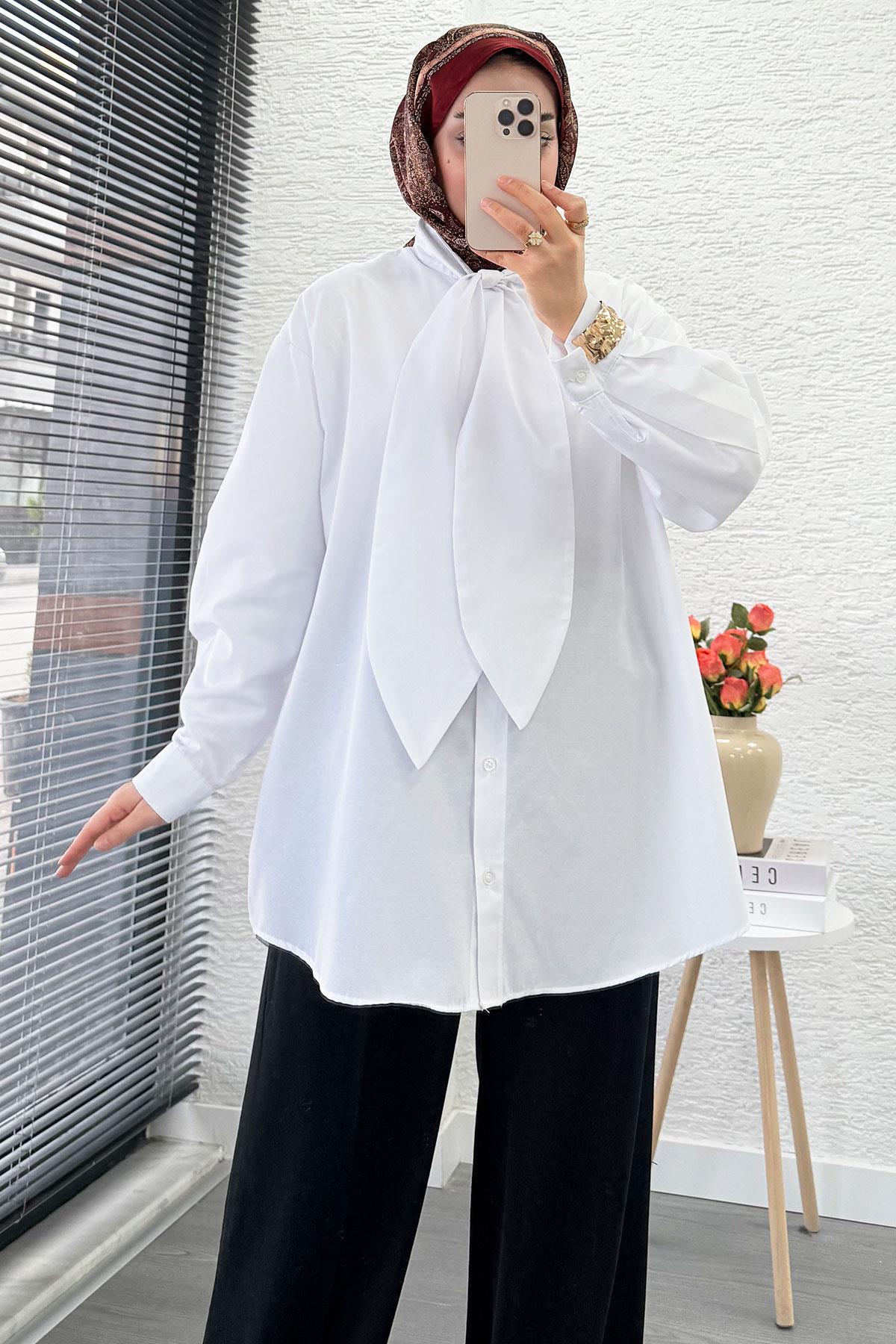 Kravat Yaka Oversize Kadın Gömlek Tunik – Beyaz