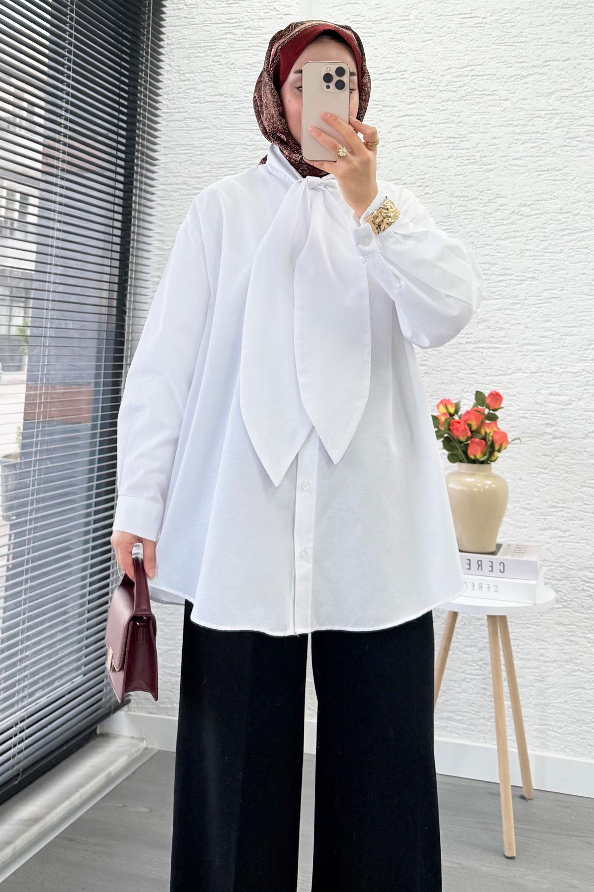 Kravat Yaka Oversize Kadın Gömlek Tunik – Beyaz