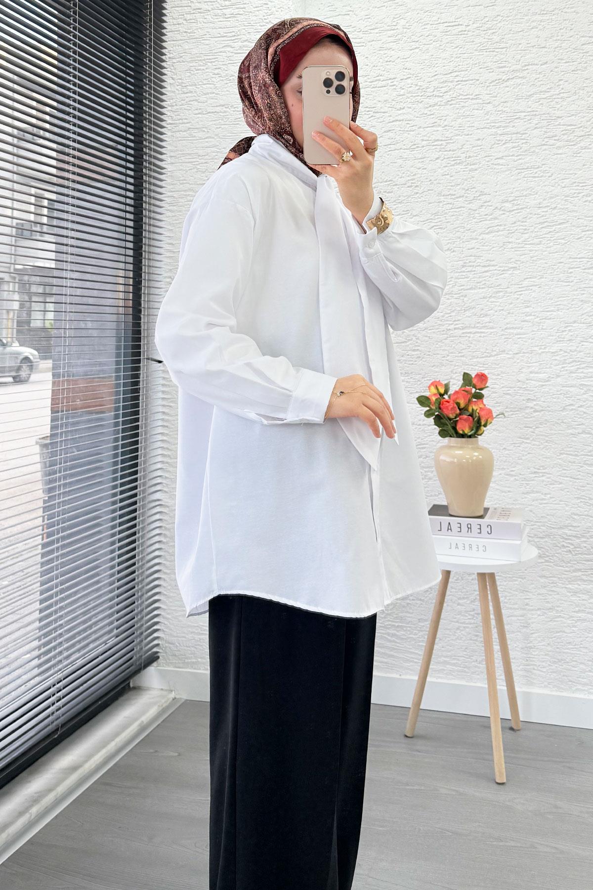 Kravat Yaka Oversize Kadın Gömlek Tunik – Beyaz