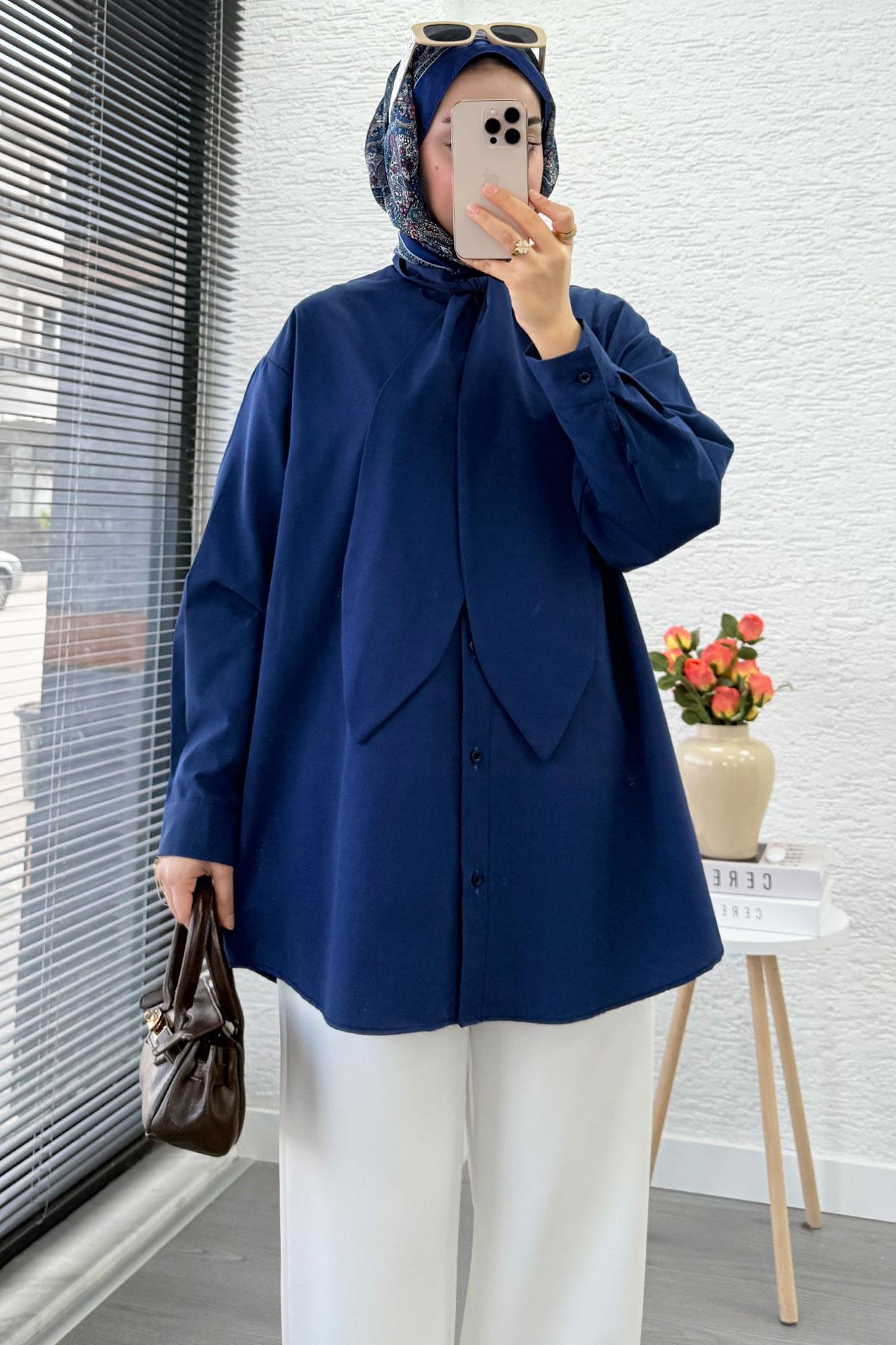 Kravat Yaka Oversize Kadın Gömlek Tunik – Lacivert