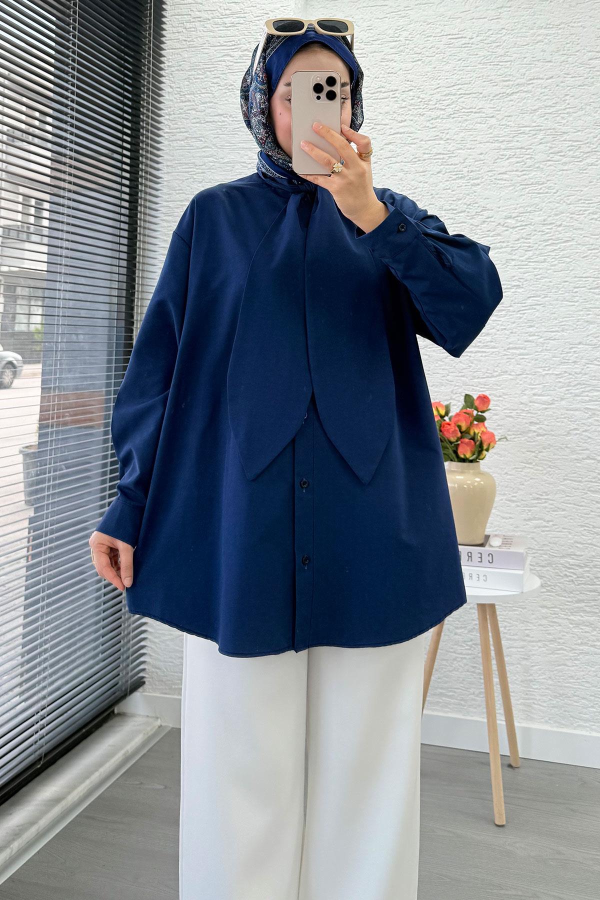 Kravat Yaka Oversize Kadın Gömlek Tunik – Lacivert