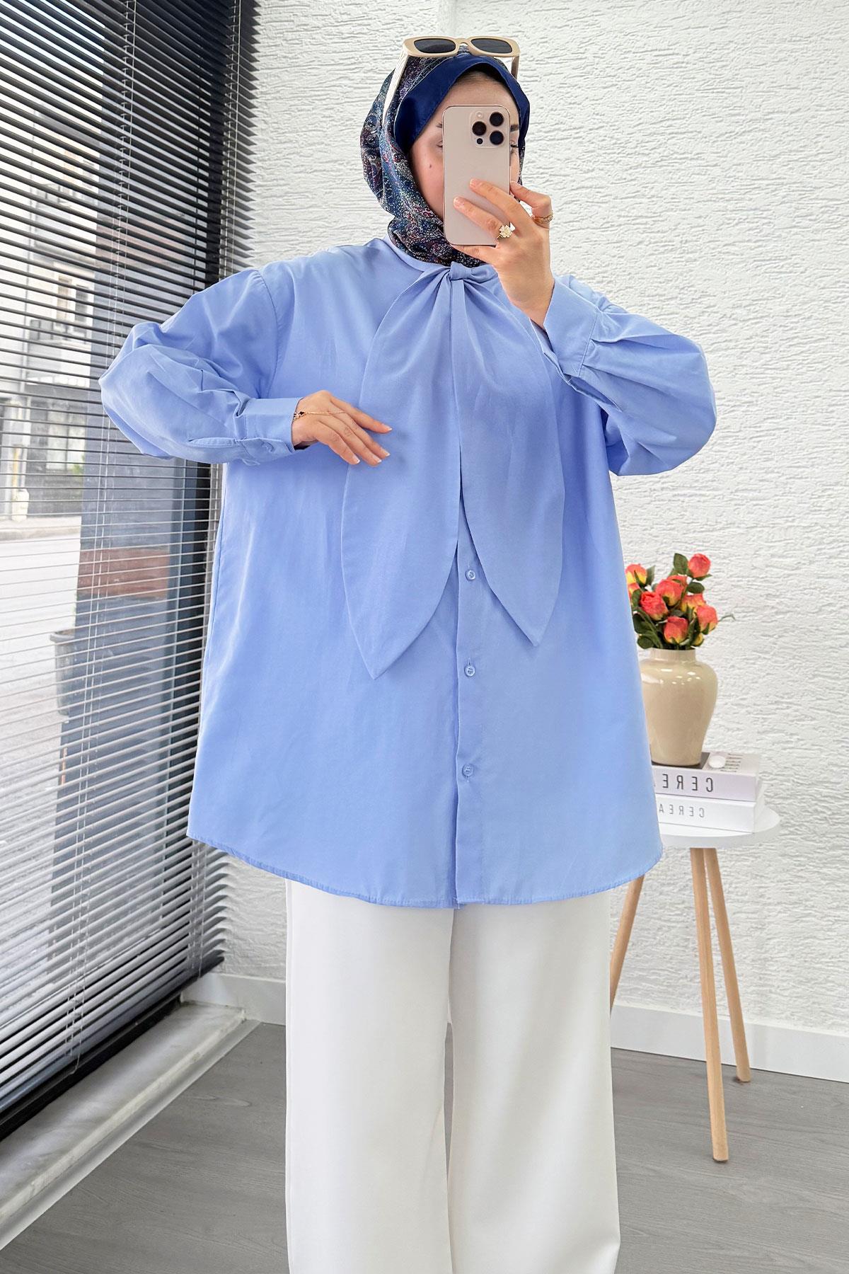 Kravat Yaka Oversize Kadın Gömlek Tunik – Mavi