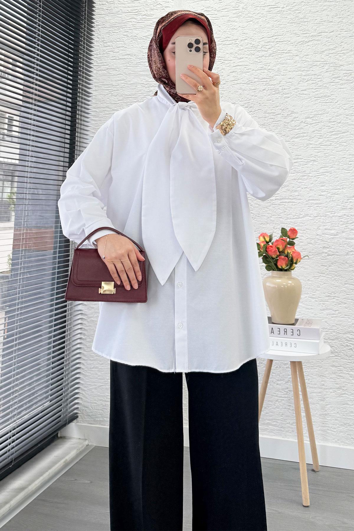 Kravat Yaka Oversize Kadın Gömlek Tunik – Beyaz