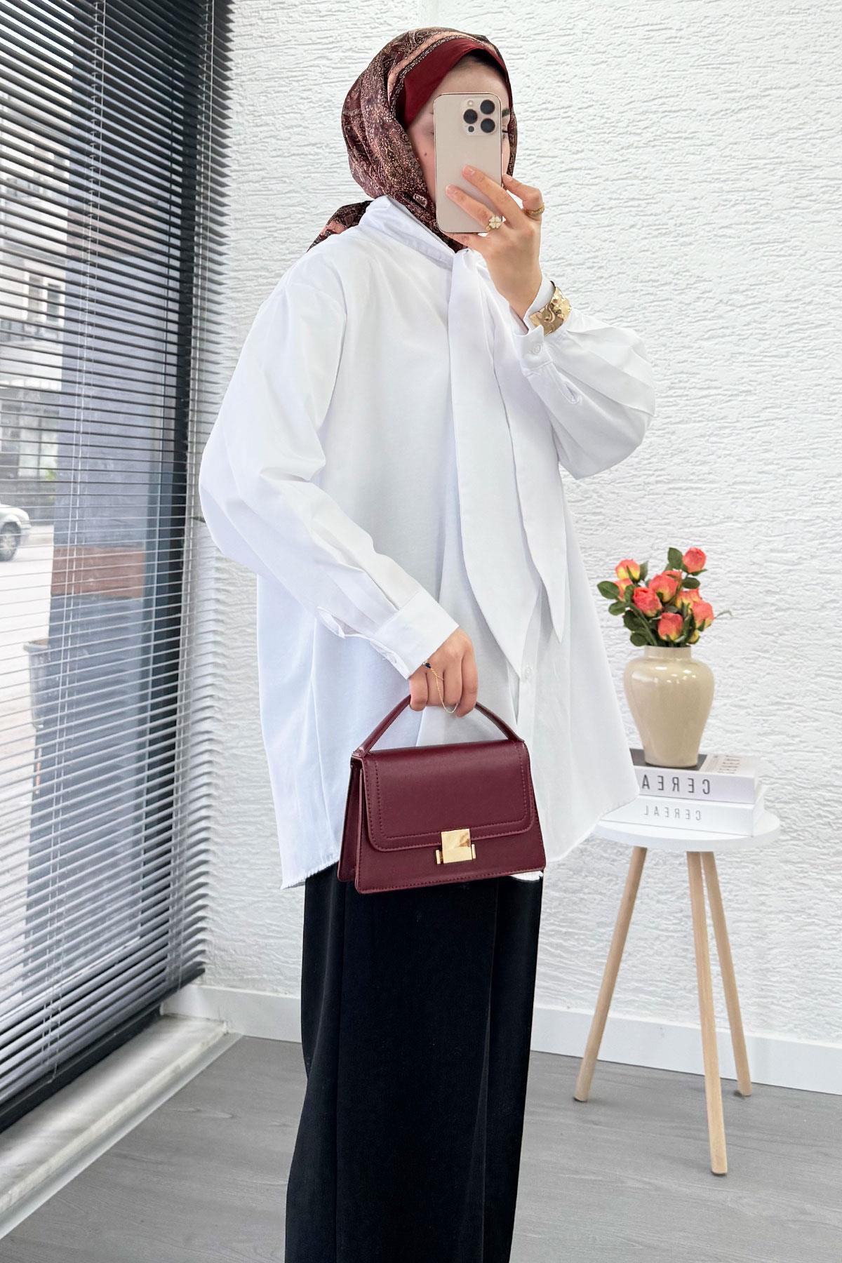 Kravat Yaka Oversize Kadın Gömlek Tunik – Beyaz