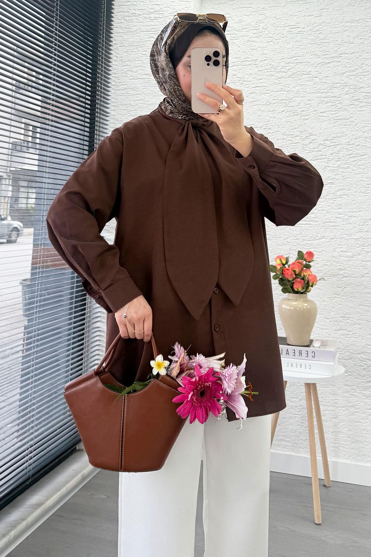 Kravat Yaka Oversize Kadın Gömlek Tunik – Kahverengi