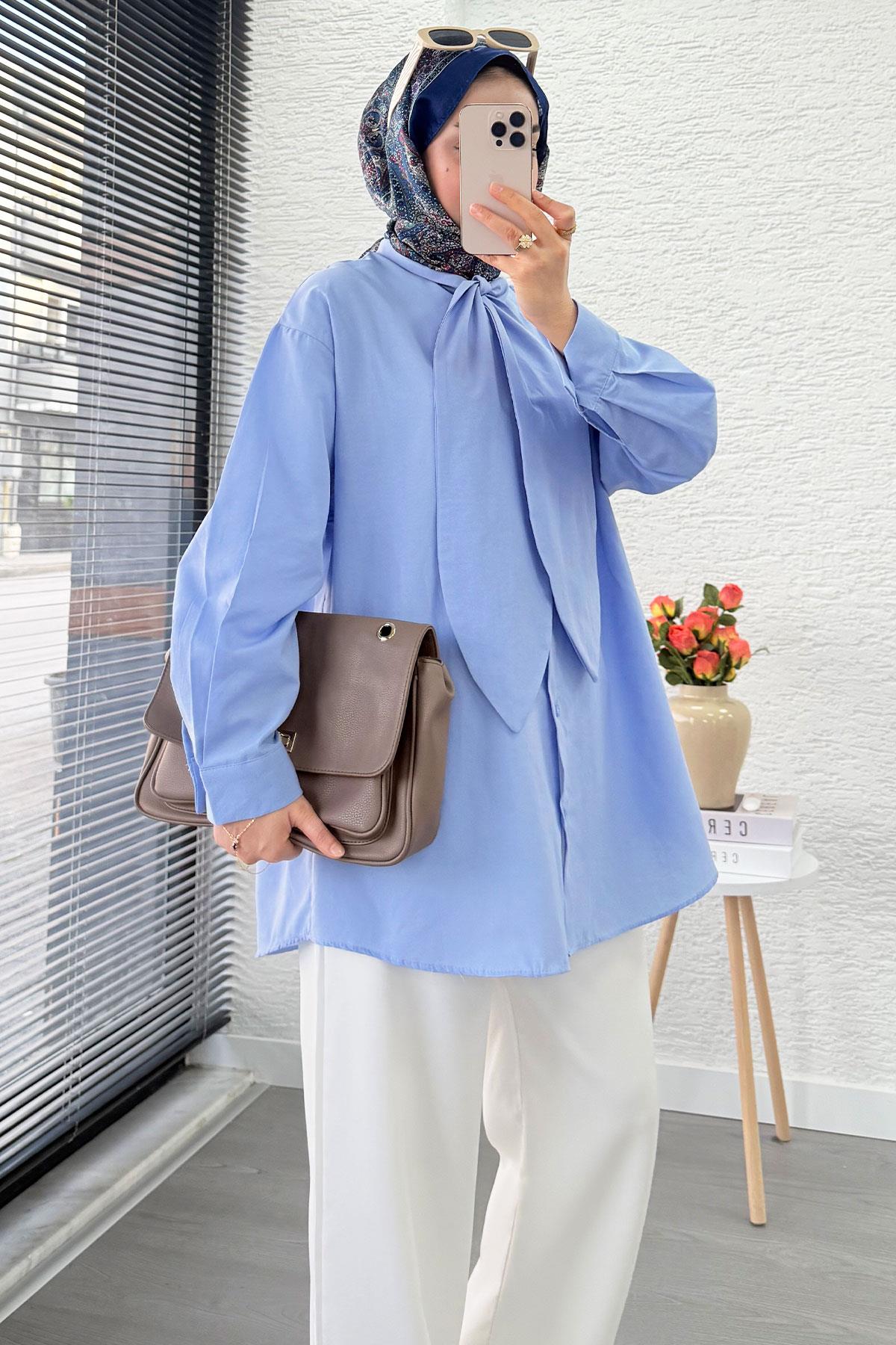 Kravat Yaka Oversize Kadın Gömlek Tunik – Mavi