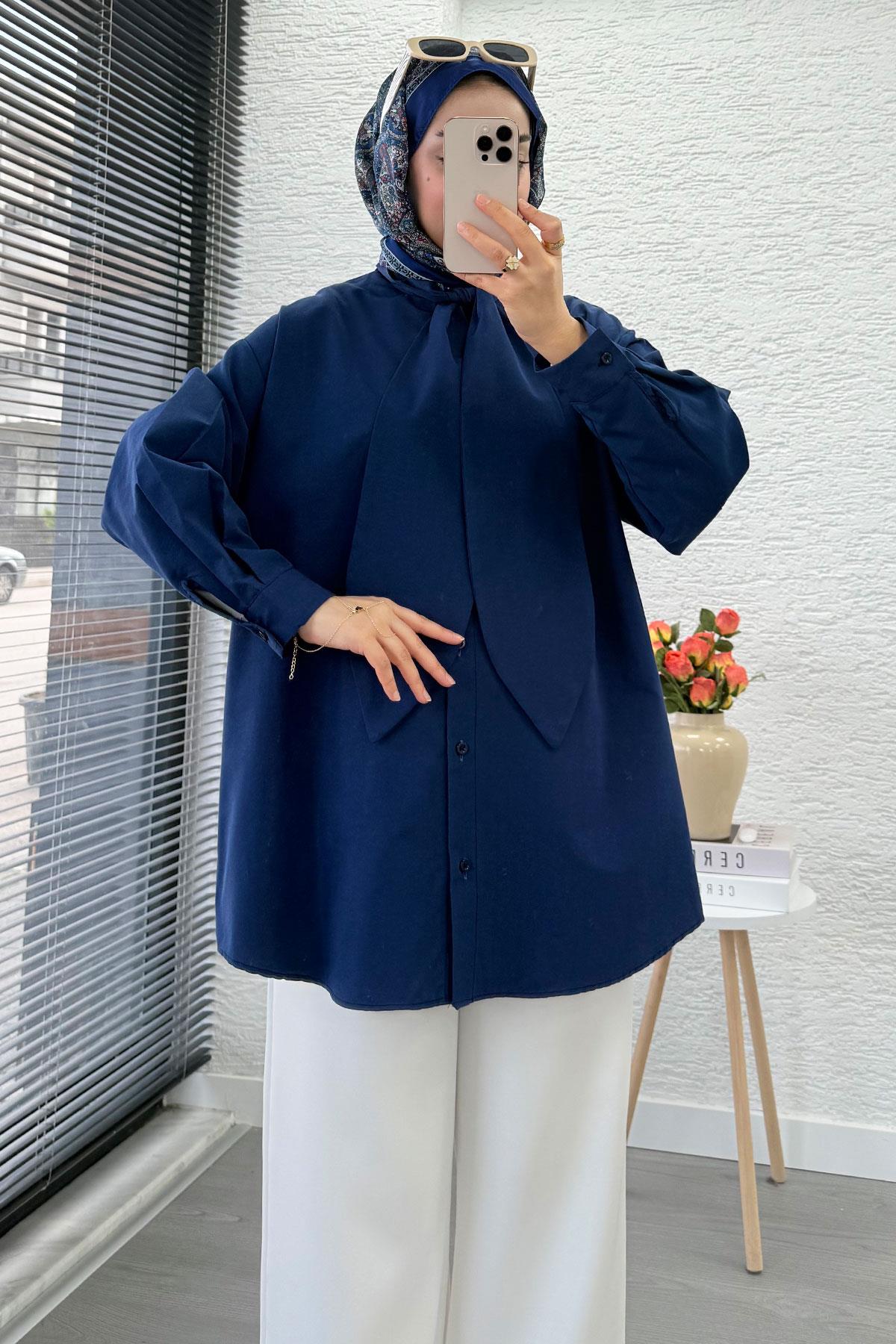 Kravat Yaka Oversize Kadın Gömlek Tunik – Lacivert