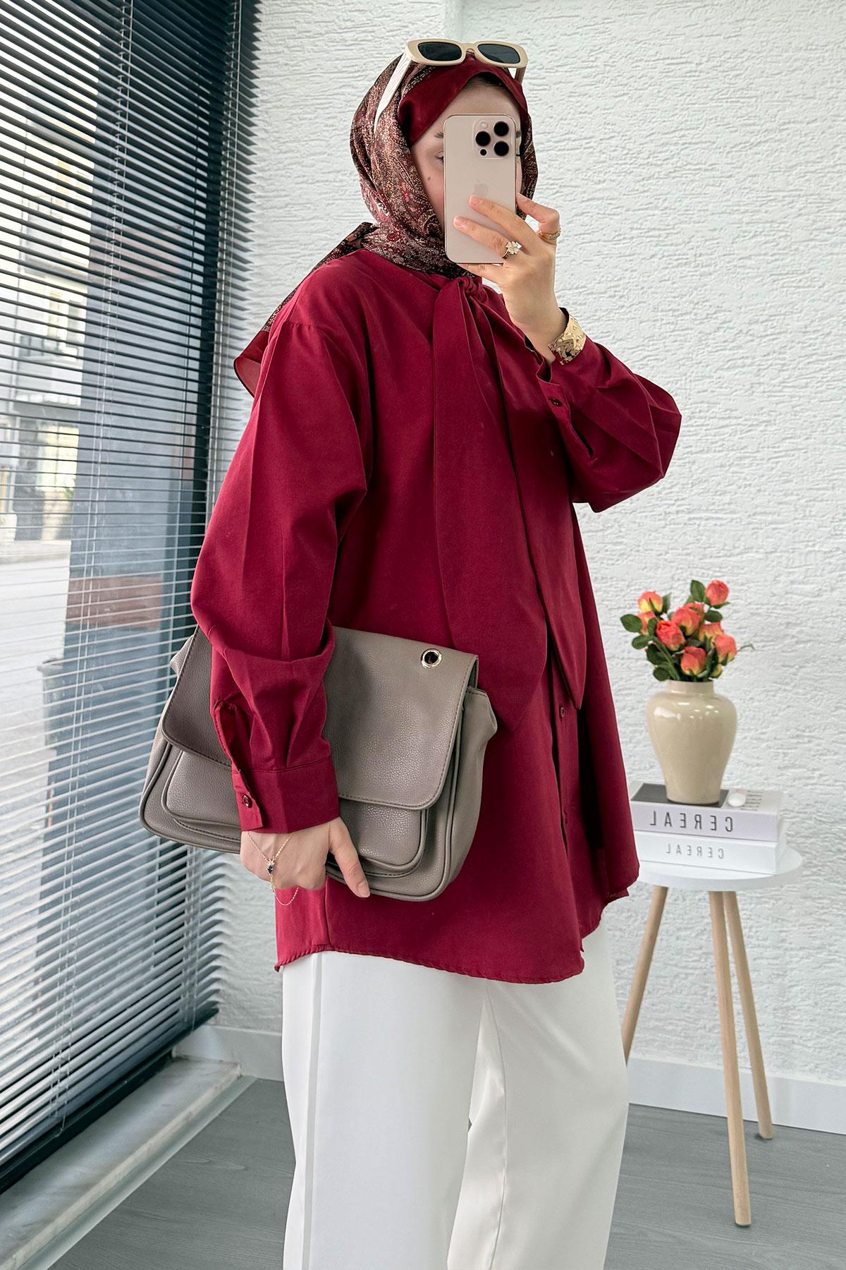Kravat Yaka Oversize Kadın Gömlek Tunik – Bordo