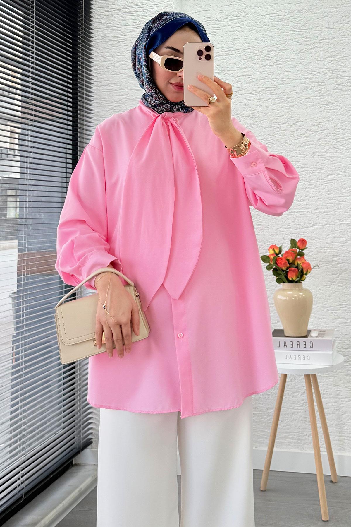 Kravat Yaka Oversize Kadın Gömlek Tunik – Pembe