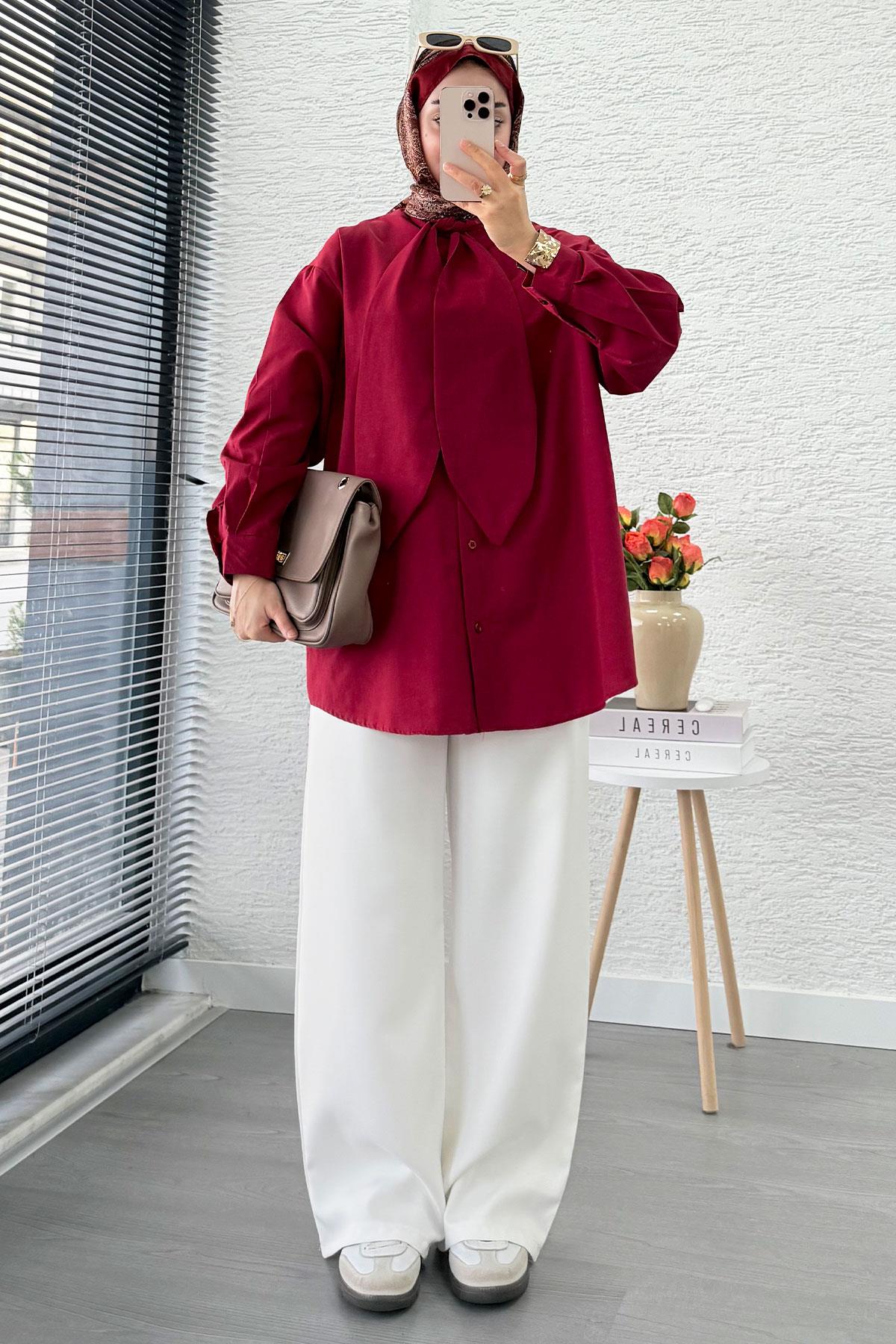 Kravat Yaka Oversize Kadın Gömlek Tunik – Bordo