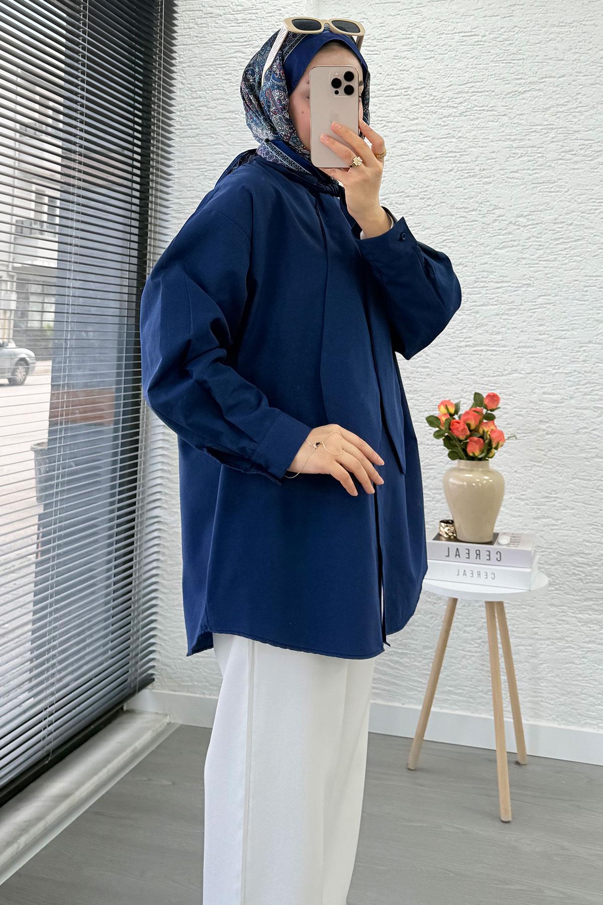 Kravat Yaka Oversize Kadın Gömlek Tunik – Lacivert