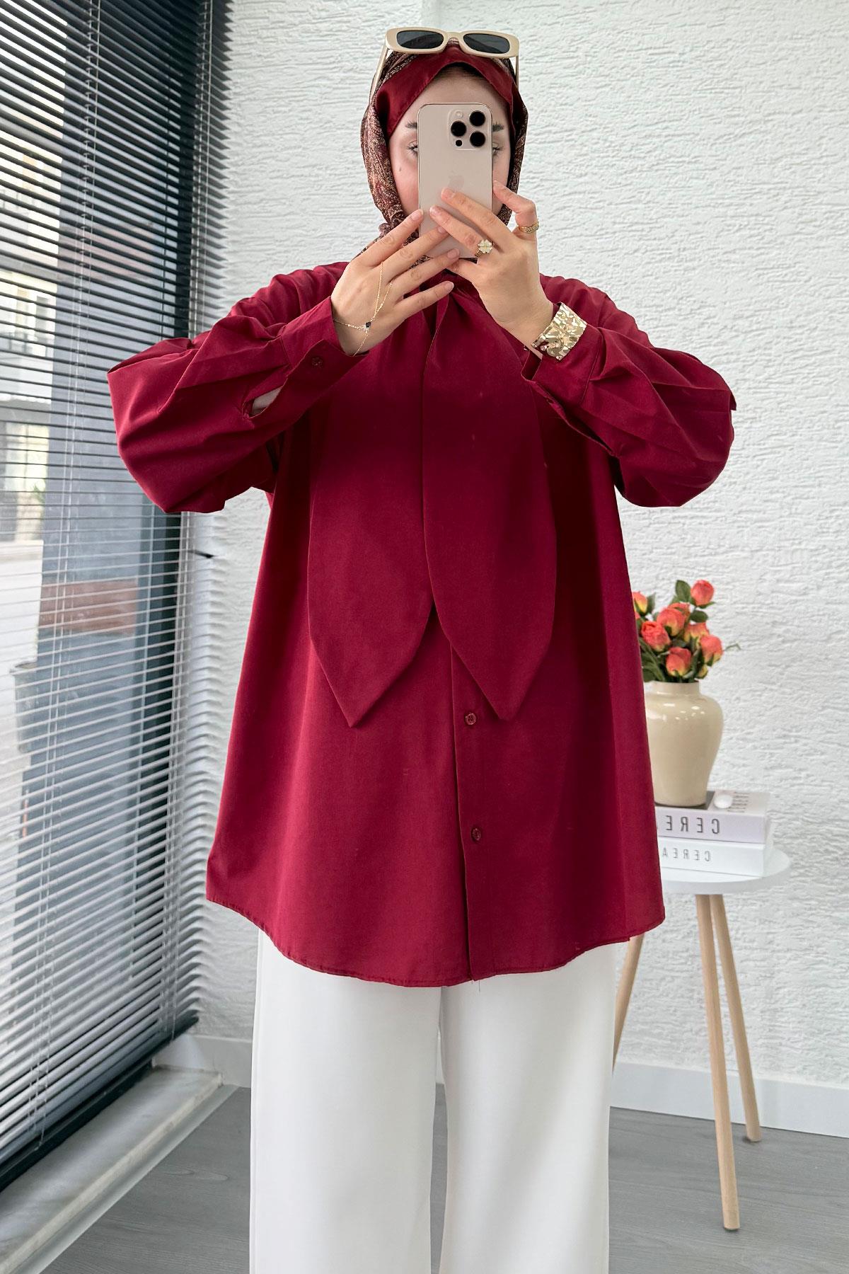 Kravat Yaka Oversize Kadın Gömlek Tunik – Bordo
