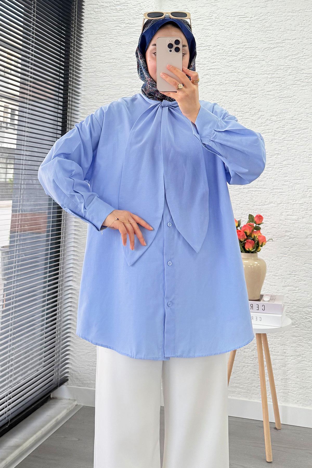 Kravat Yaka Oversize Kadın Gömlek Tunik – Mavi