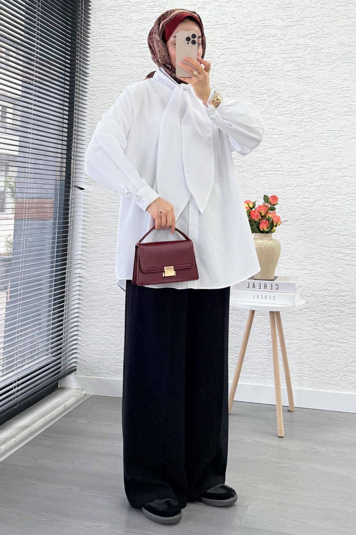 Kravat Yaka Oversize Kadın Gömlek Tunik – Beyaz