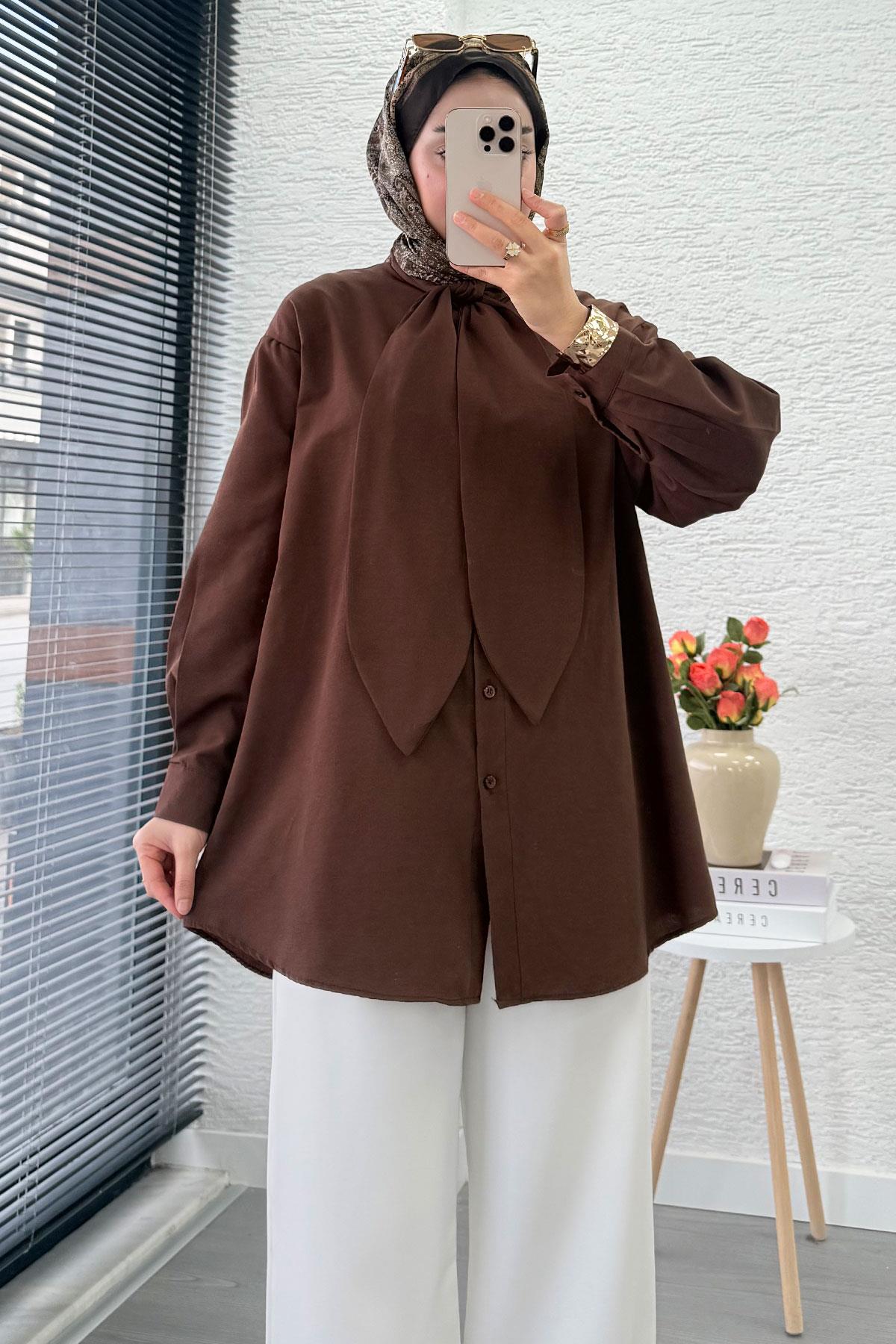 Kravat Yaka Oversize Kadın Gömlek Tunik – Kahverengi