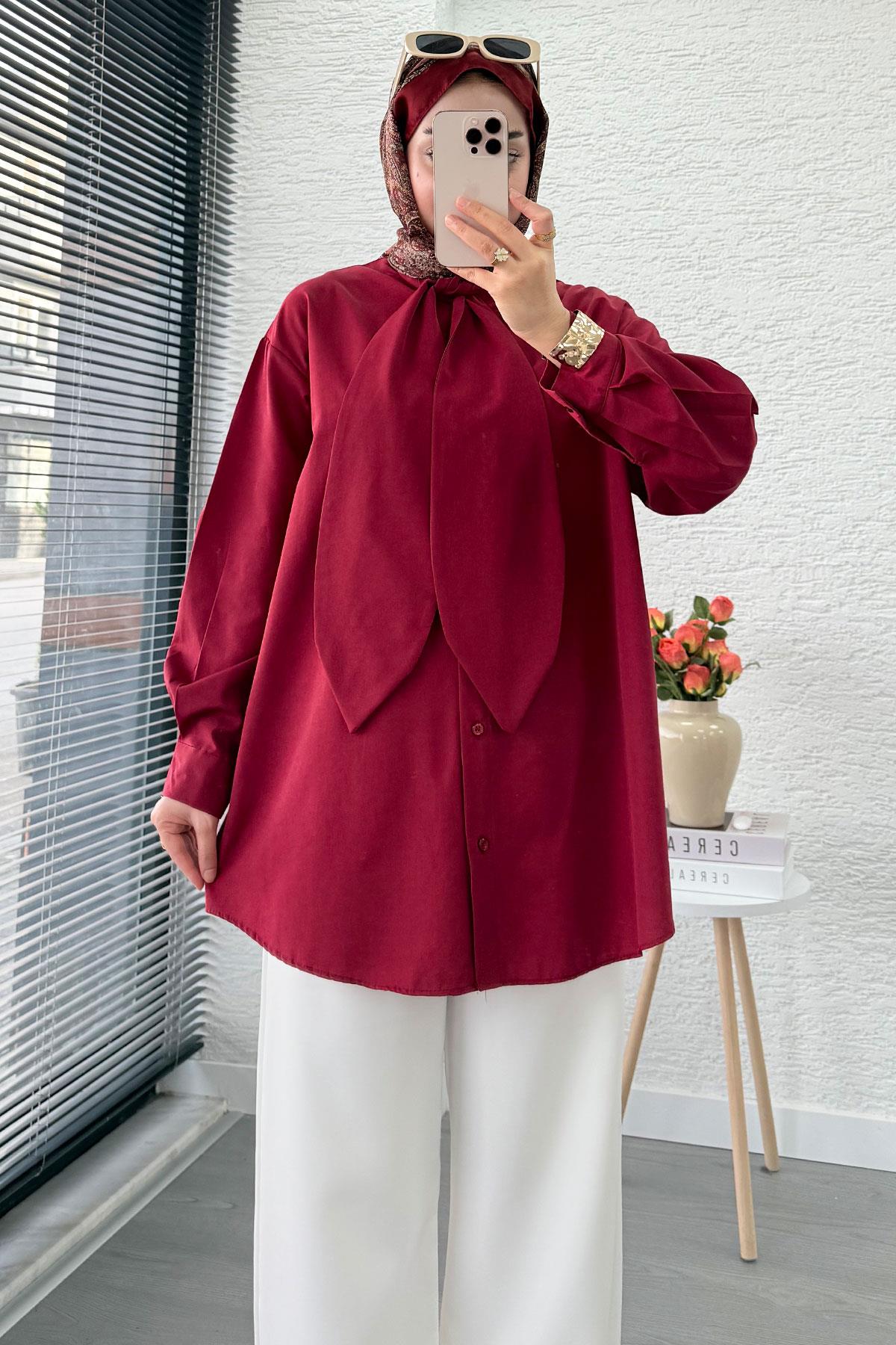 Kravat Yaka Oversize Kadın Gömlek Tunik – Bordo