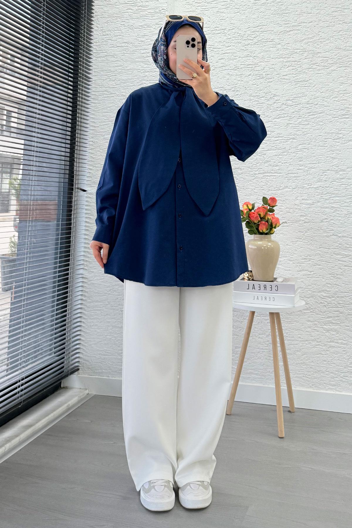 Kravat Yaka Oversize Kadın Gömlek Tunik – Lacivert