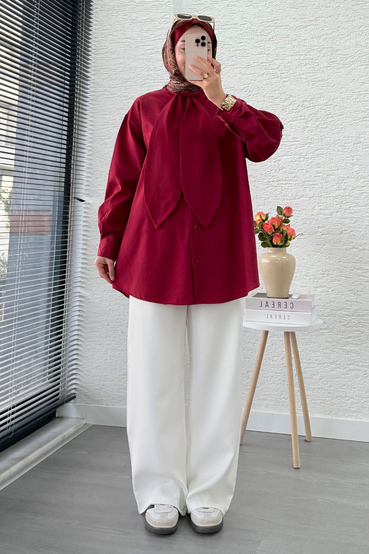 Kravat Yaka Oversize Kadın Gömlek Tunik – Bordo