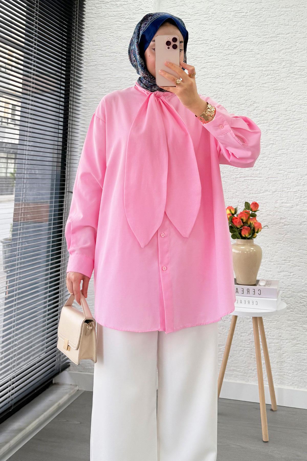 Kravat Yaka Oversize Kadın Gömlek Tunik – Pembe