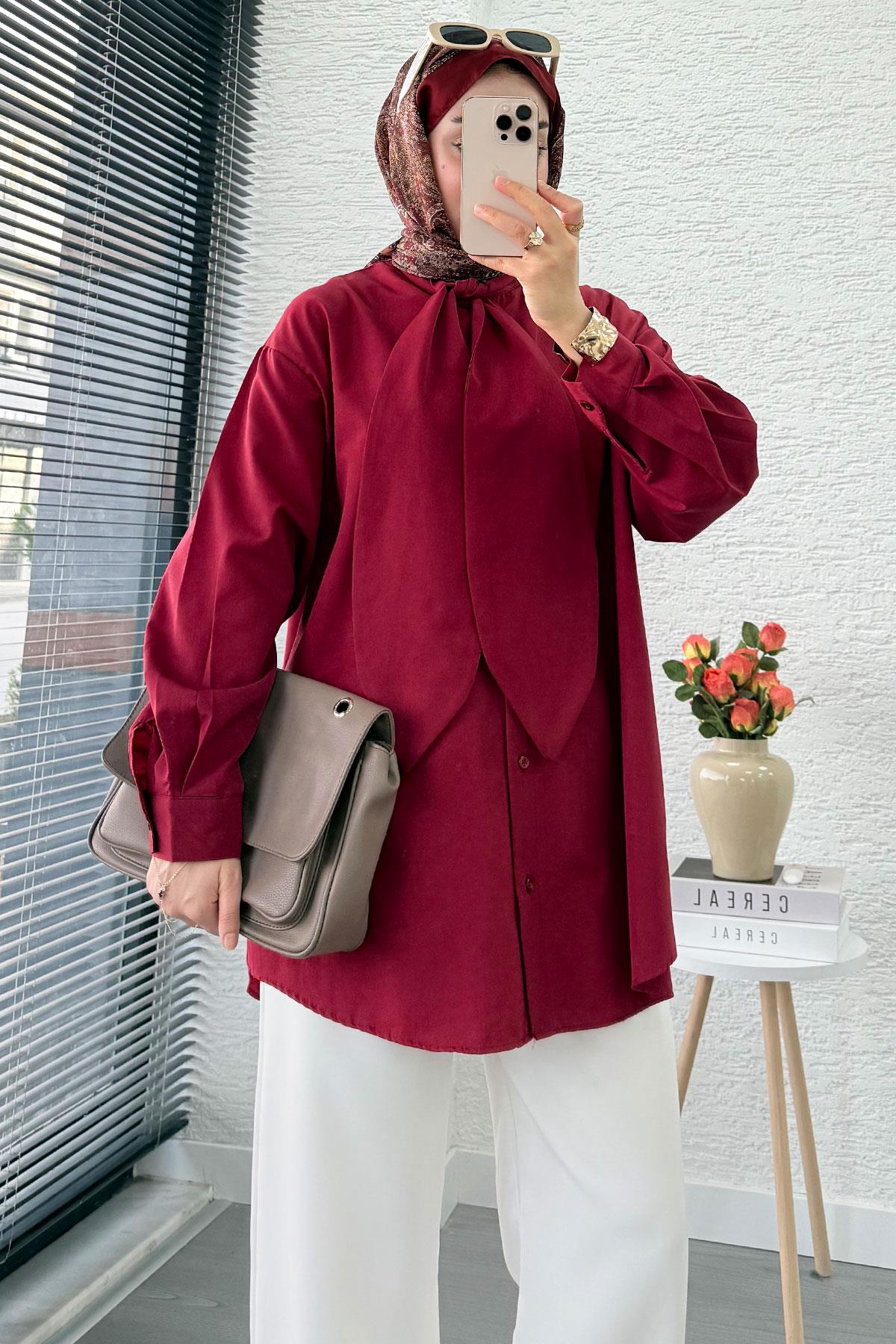 Kravat Yaka Oversize Kadın Gömlek Tunik – Bordo