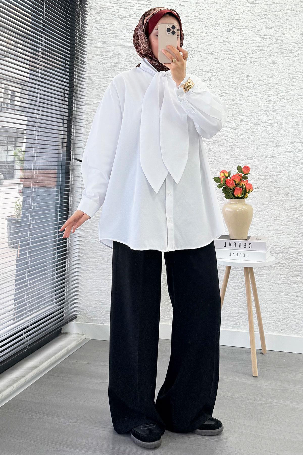 Kravat Yaka Oversize Kadın Gömlek Tunik – Beyaz