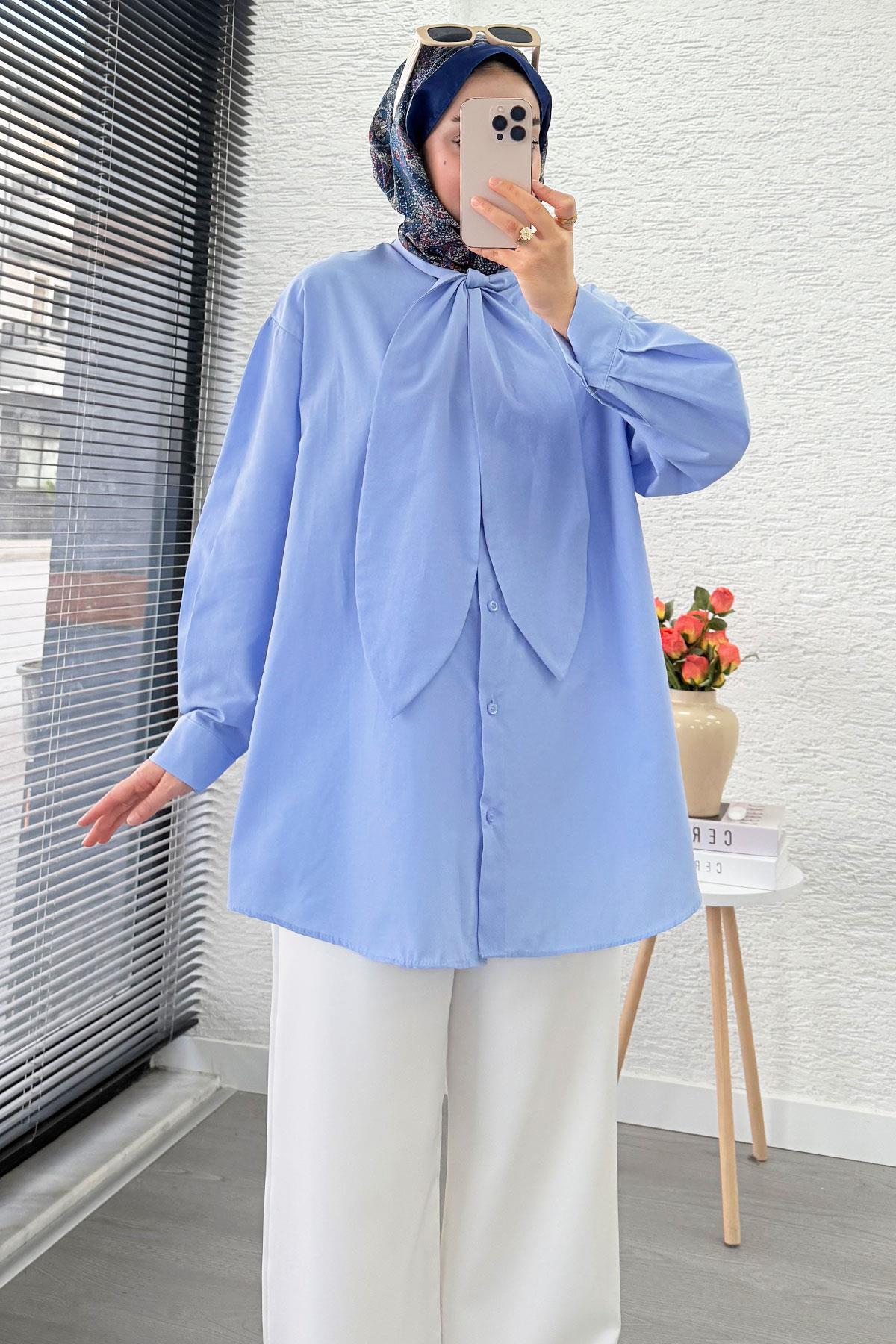 Kravat Yaka Oversize Kadın Gömlek Tunik – Mavi