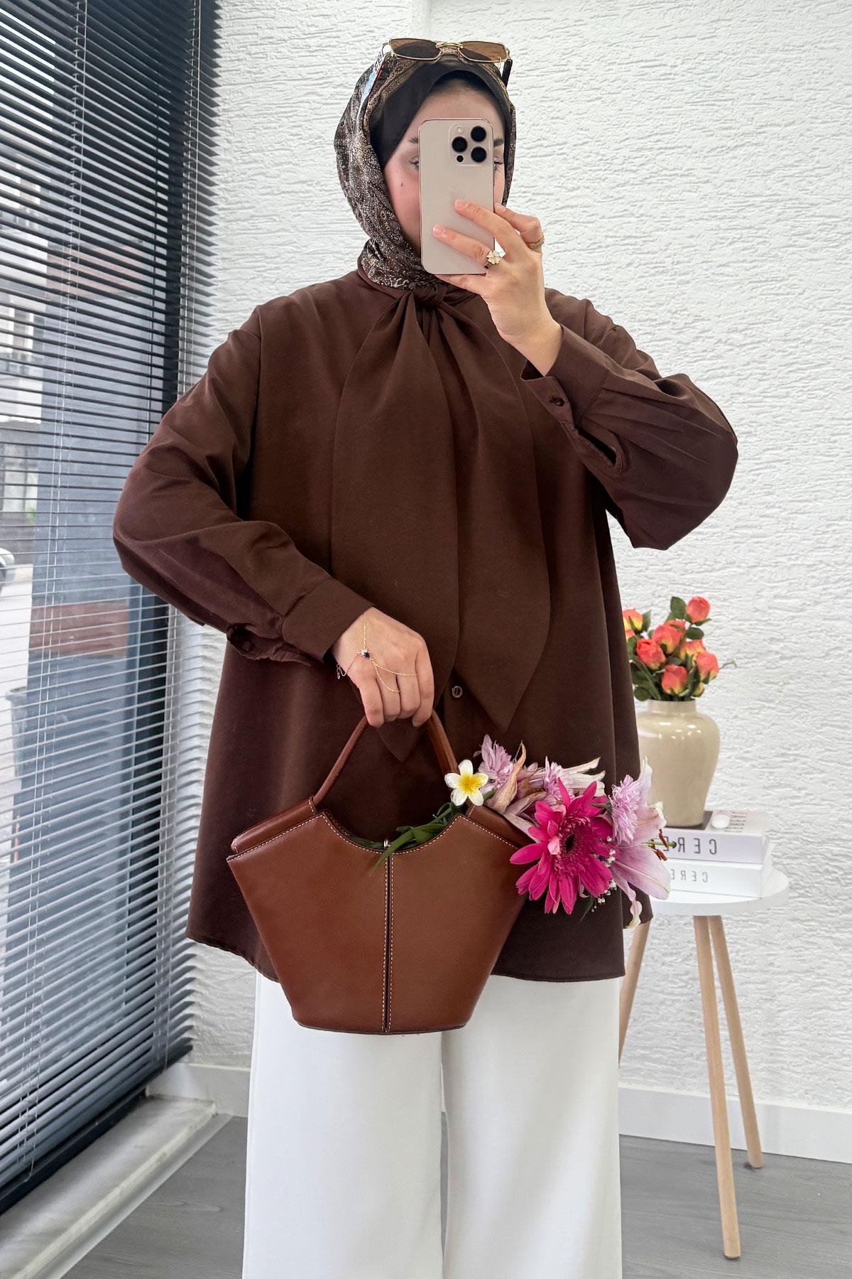 Kravat Yaka Oversize Kadın Gömlek Tunik – Kahverengi