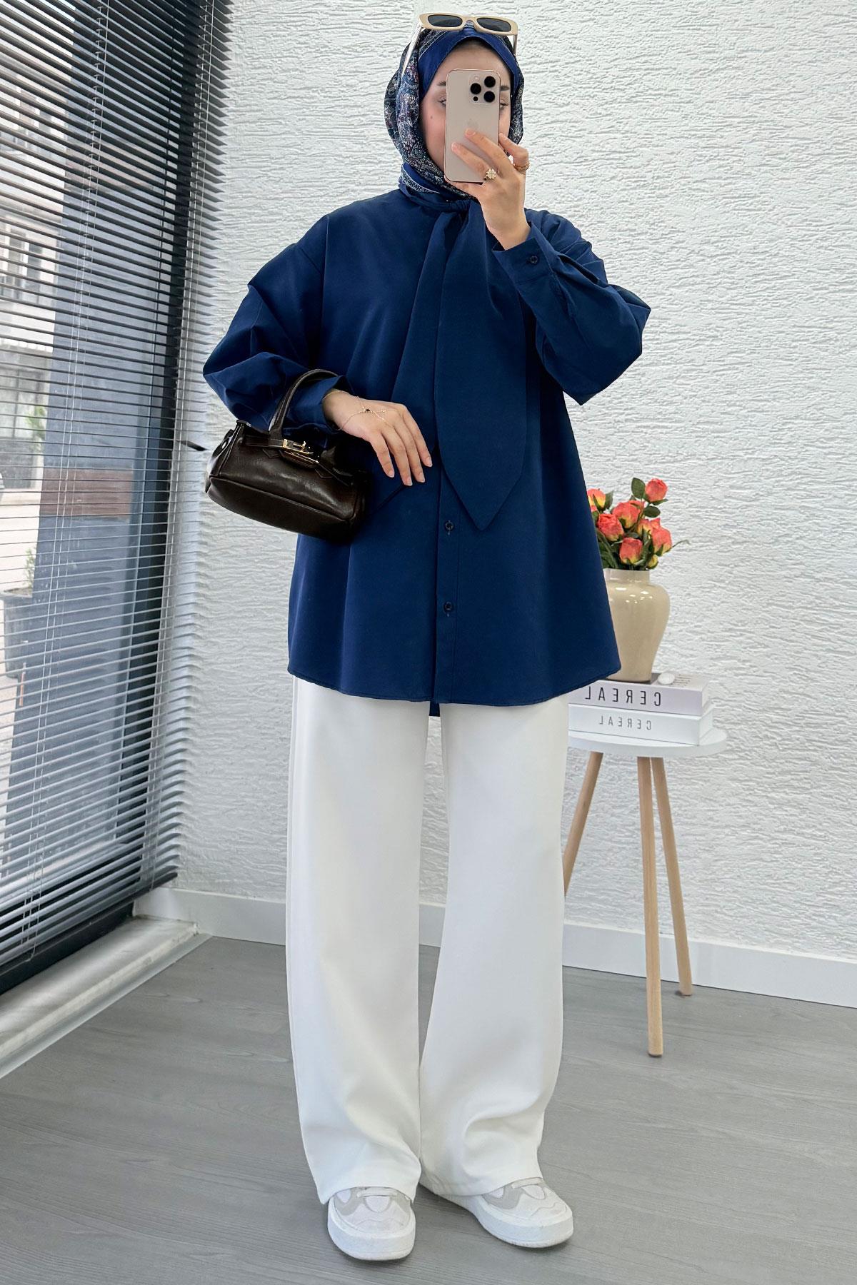 Kravat Yaka Oversize Kadın Gömlek Tunik – Lacivert