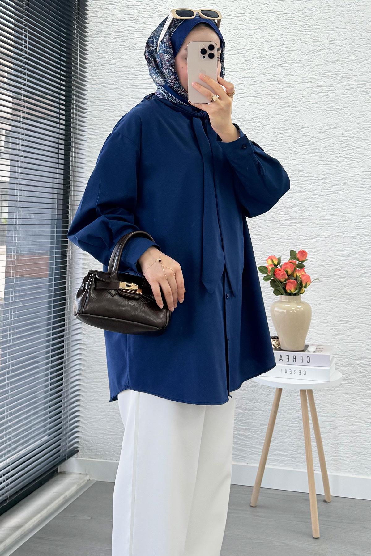 Kravat Yaka Oversize Kadın Gömlek Tunik – Lacivert