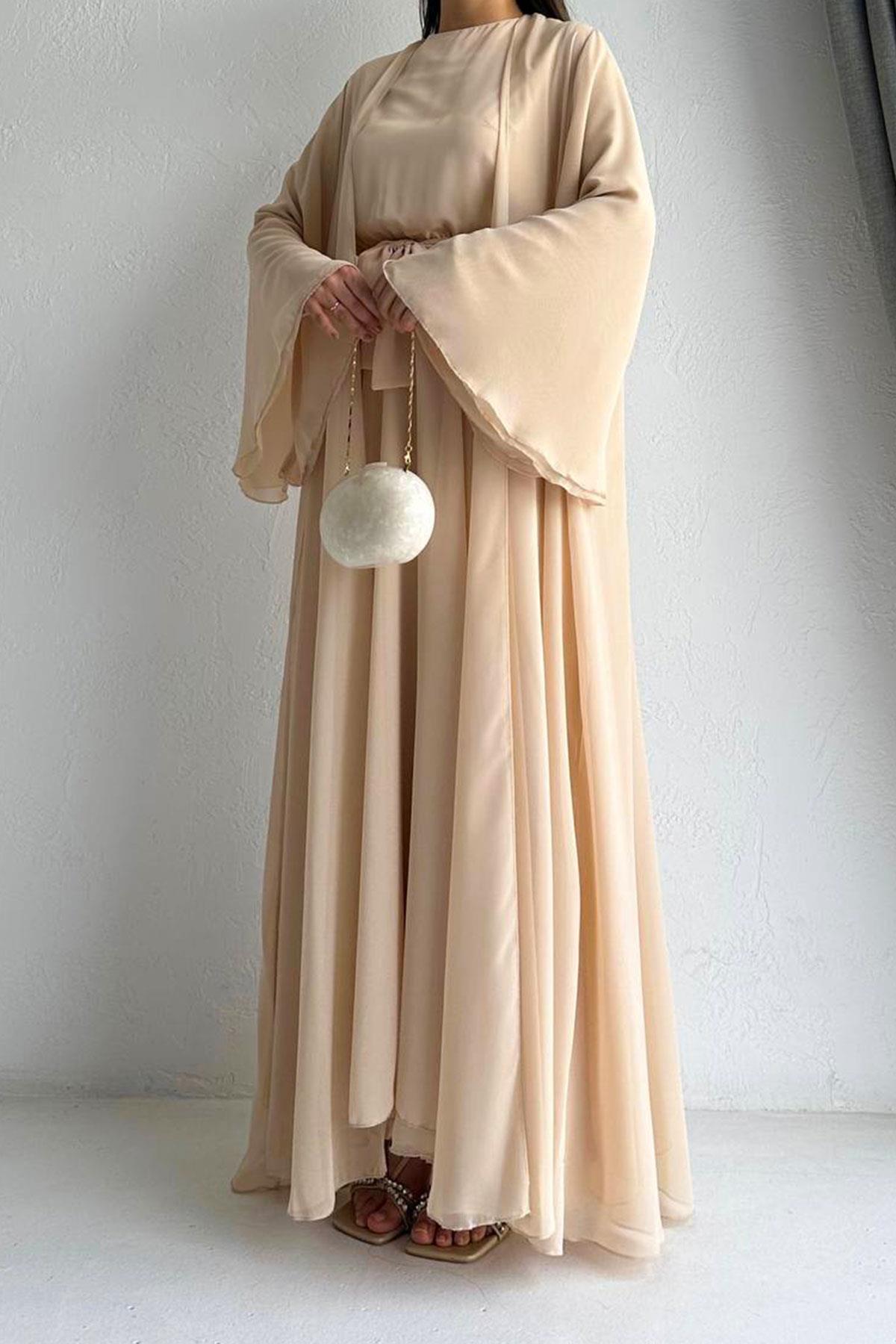 Krem Bella Şifon Abaya Takım 