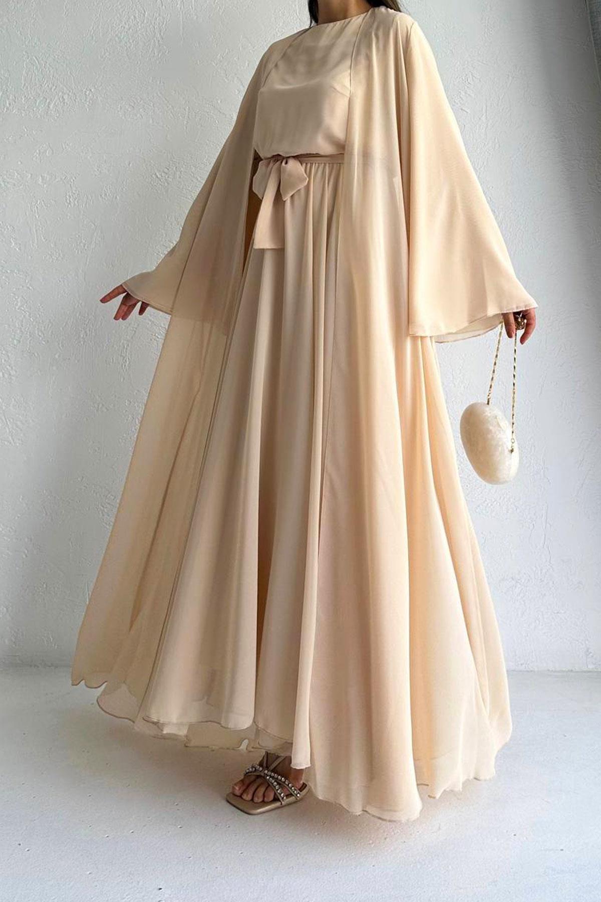 Krem Bella Şifon Abaya Takım 