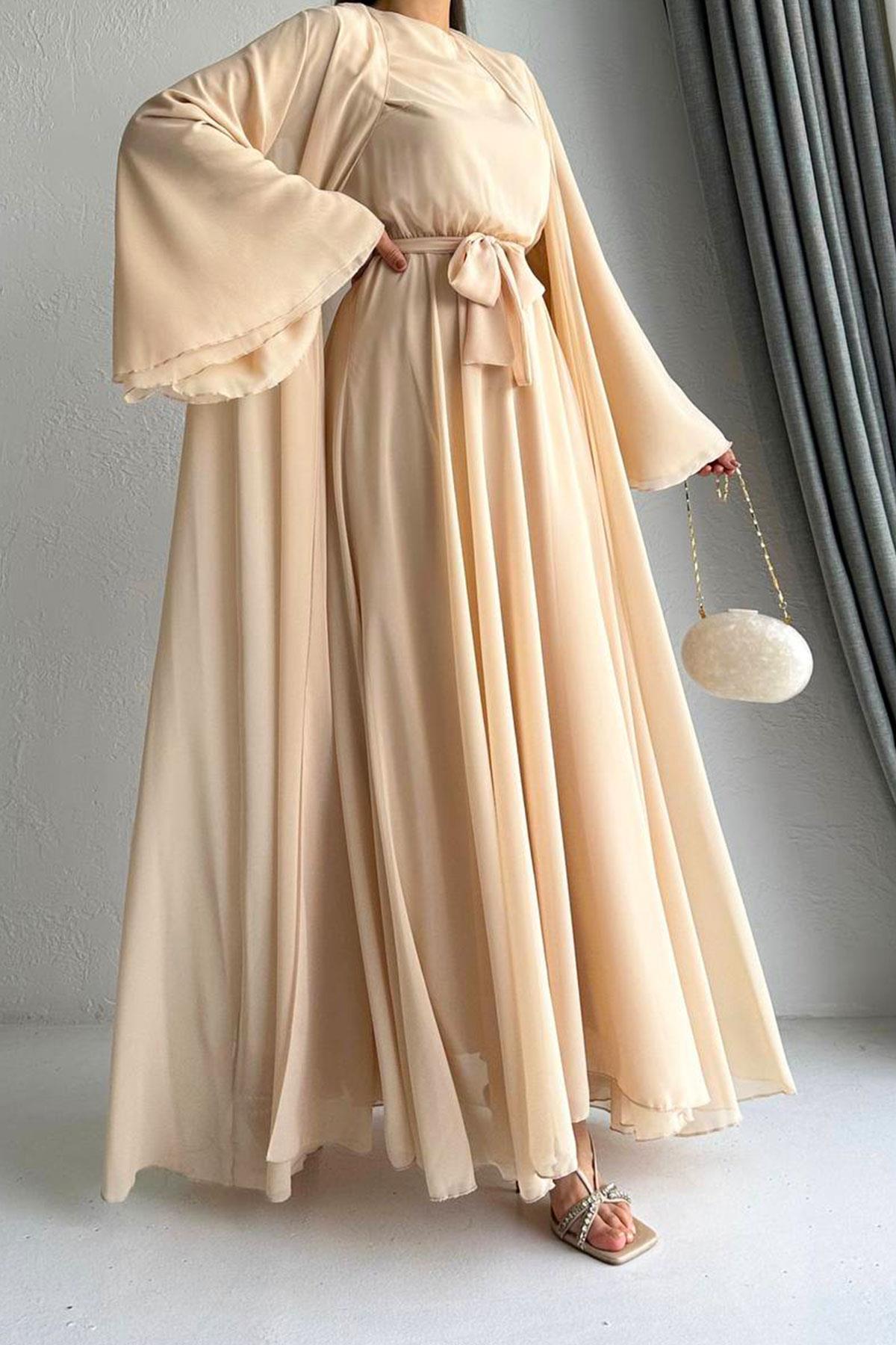 Krem Bella Şifon Abaya Takım 