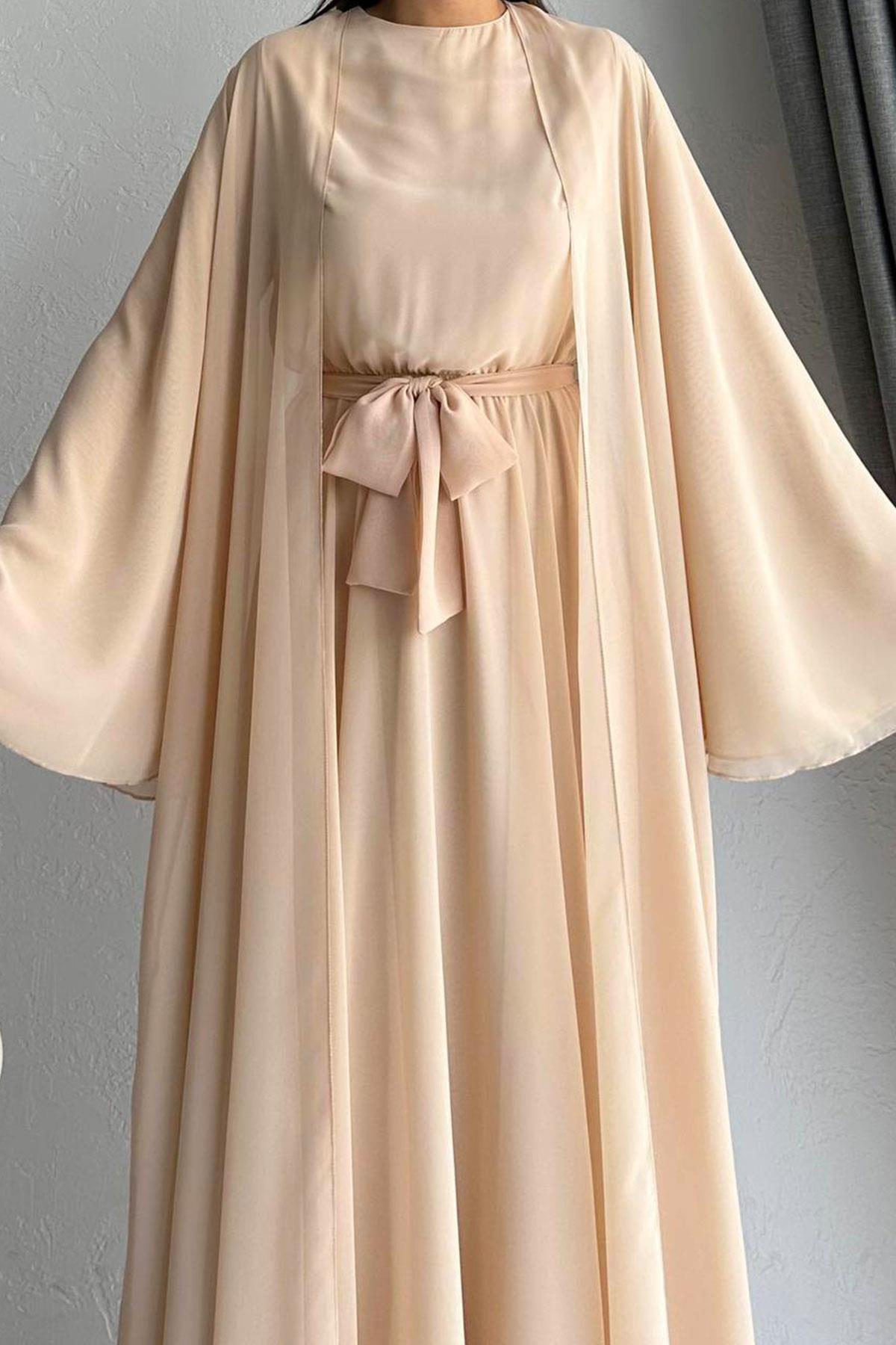 Krem Bella Şifon Abaya Takım 