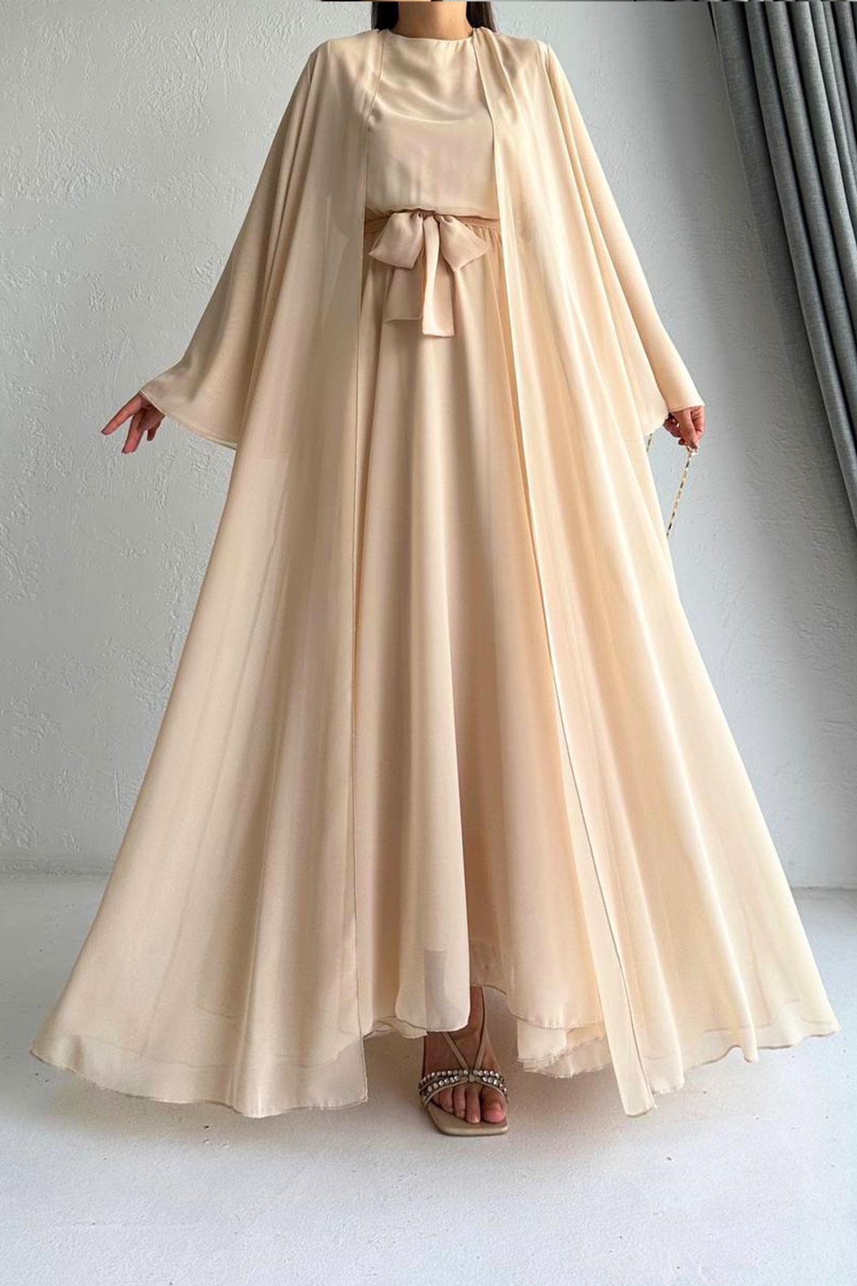 Krem Bella Şifon Abaya Takım 