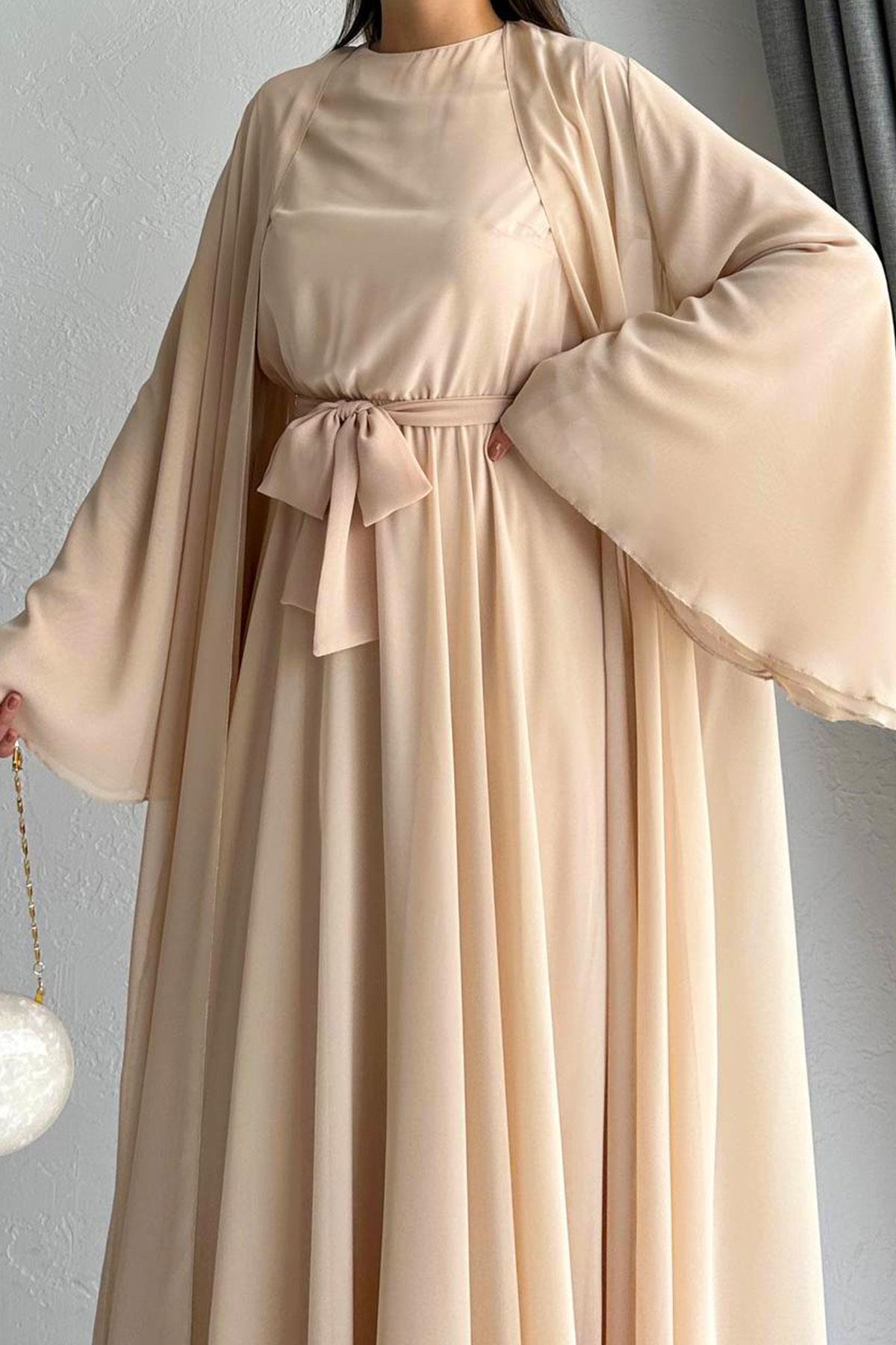 Krem Bella Şifon Abaya Takım 