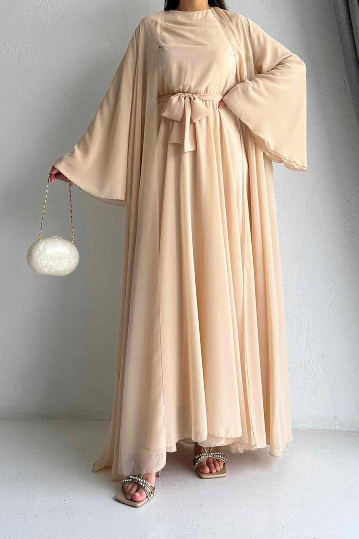 Krem Bella Şifon Abaya Takım 