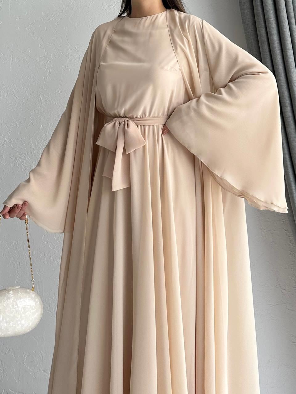 Krem Bella Şifon Abaya Takım
