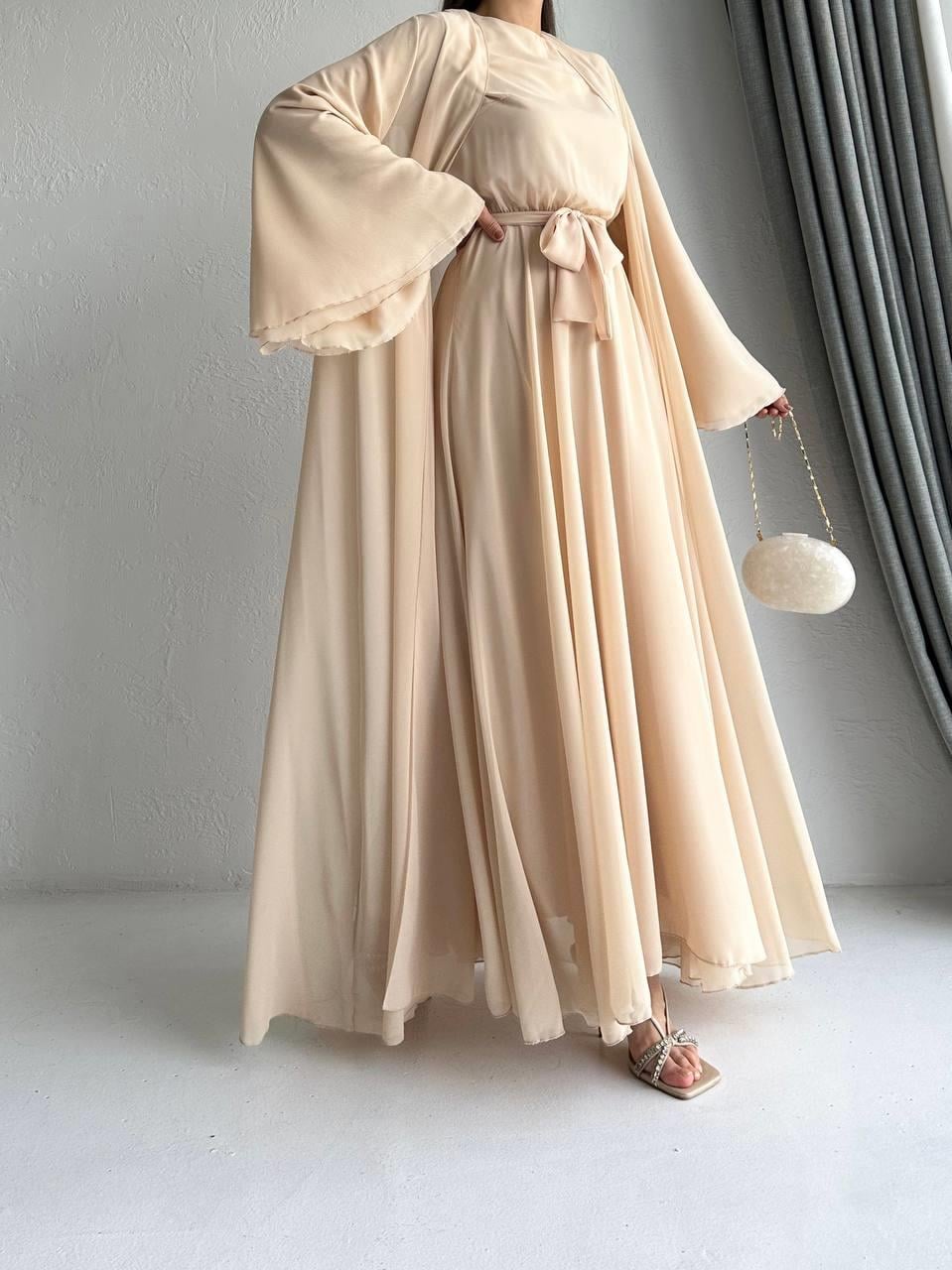 Krem Bella Şifon Abaya Takım