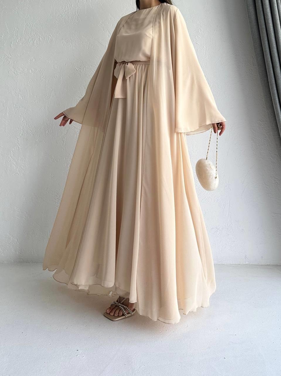 Krem Bella Şifon Abaya Takım