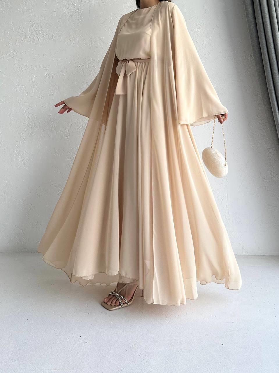 Krem Bella Şifon Abaya Takım