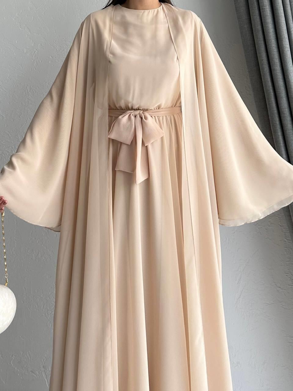 Krem Bella Şifon Abaya Takım