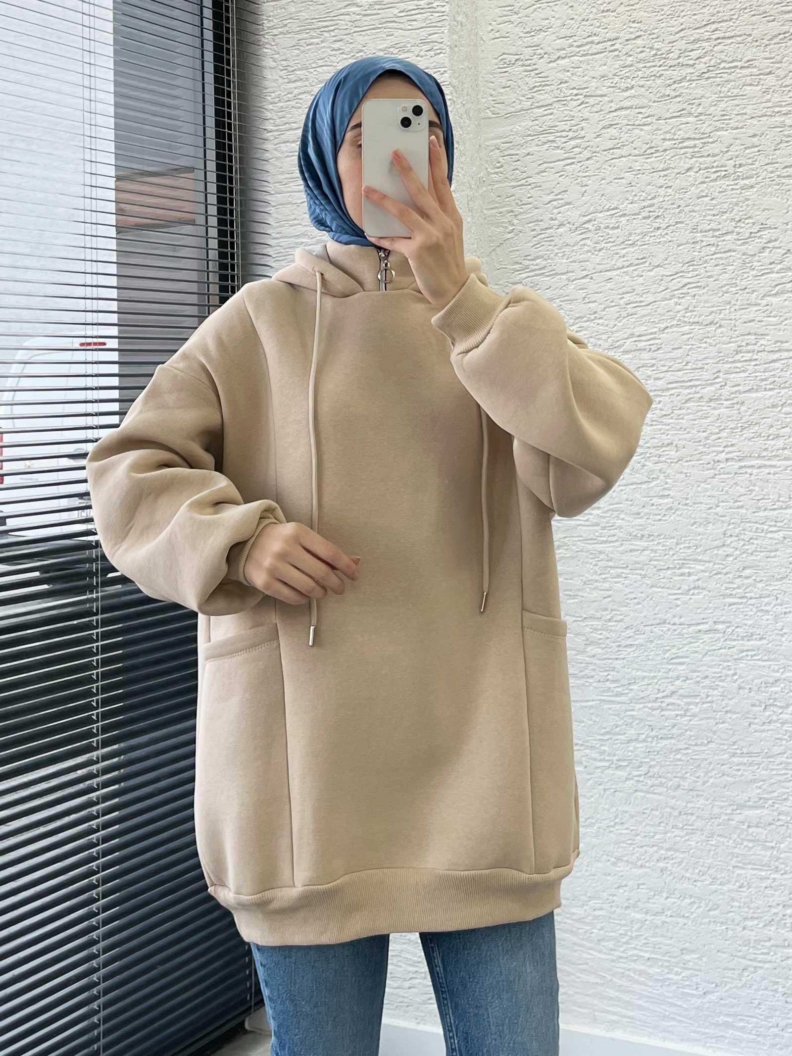 Krem Cepli Oversize Kadın Sweat