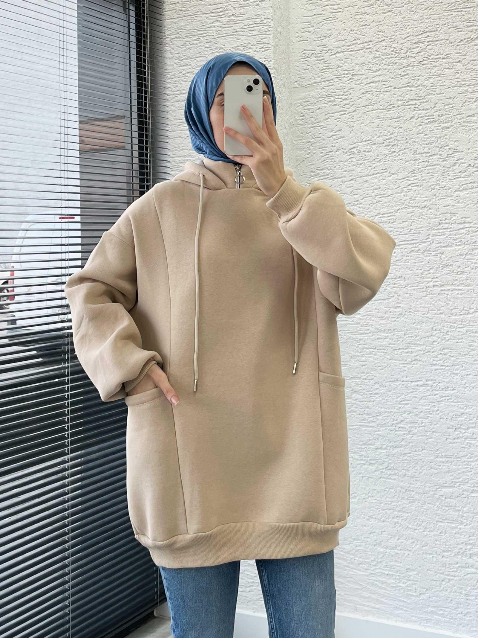 Krem Cepli Oversize Kadın Sweat