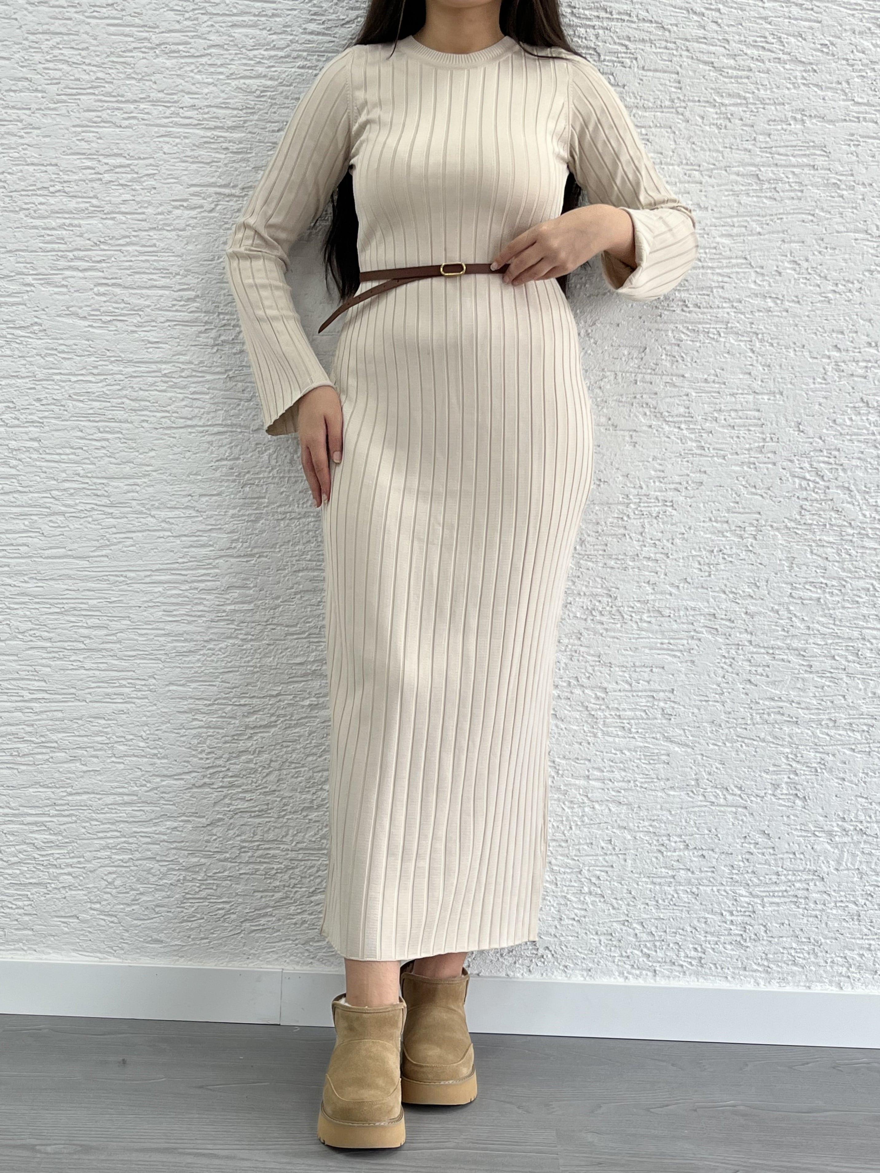 Krem Fitilli Triko Elbise