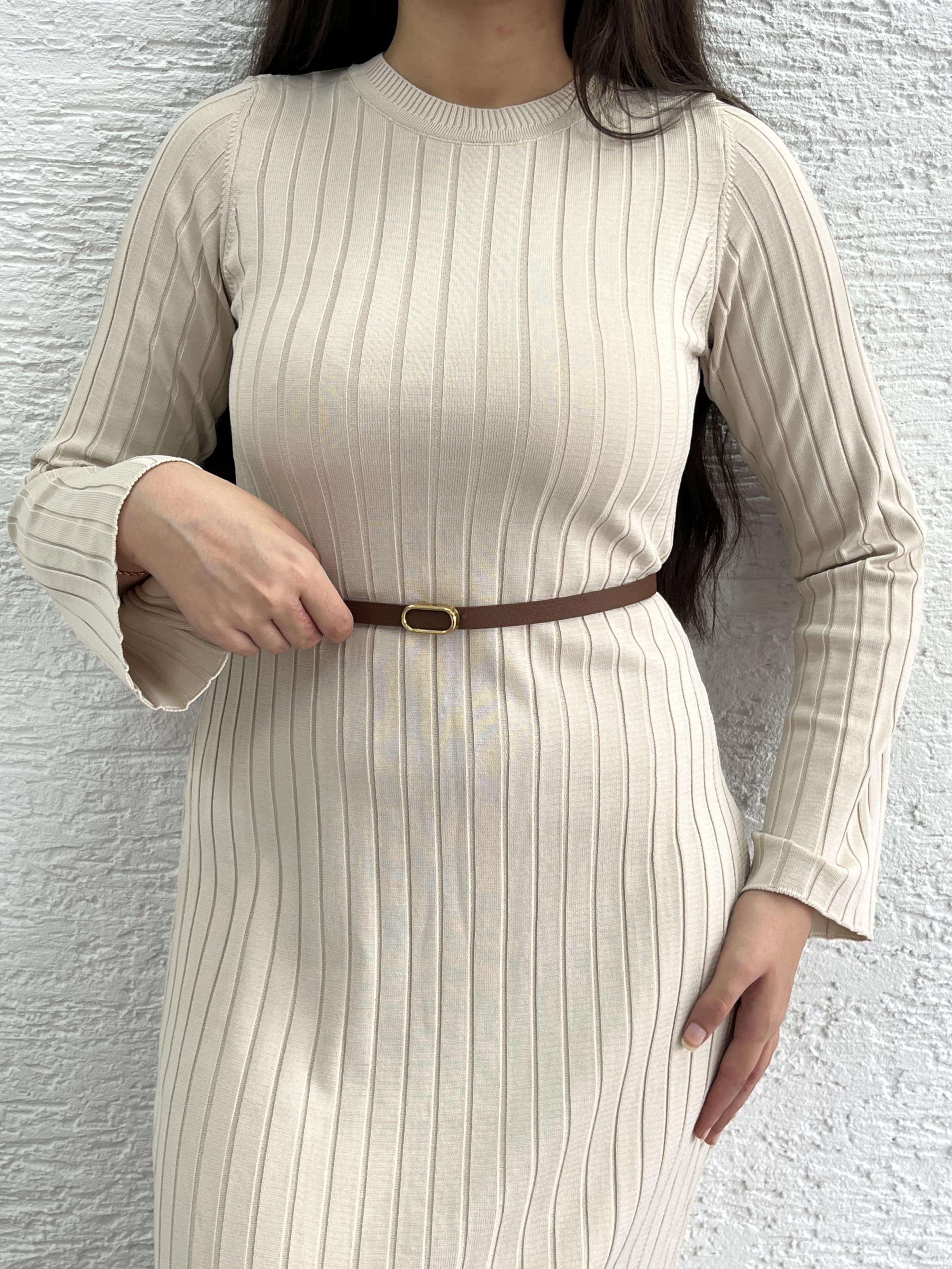 Krem Fitilli Triko Elbise